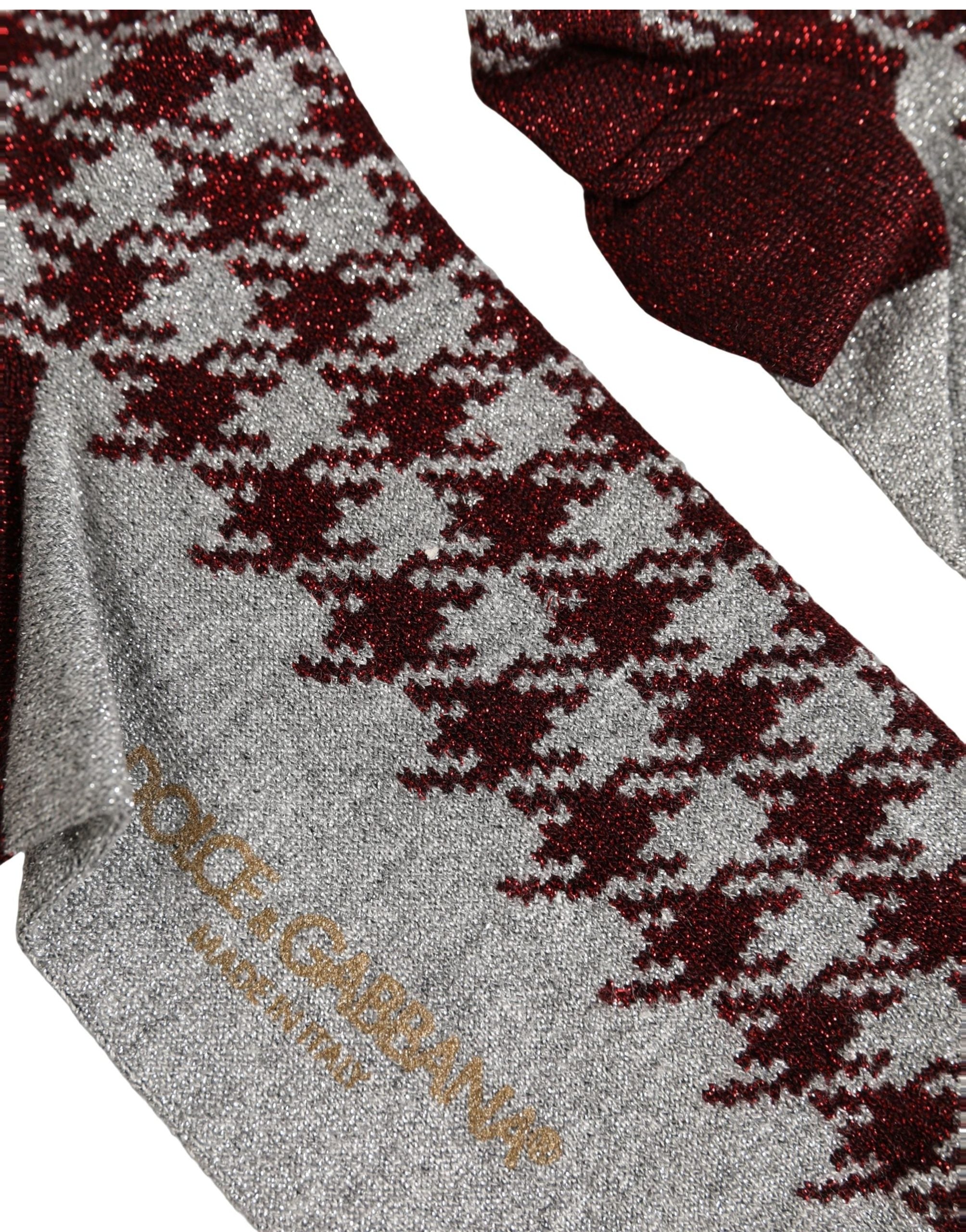 Dolce & Gabbana Maroon Gray Houndstooth Mid Calf Accessory Socks