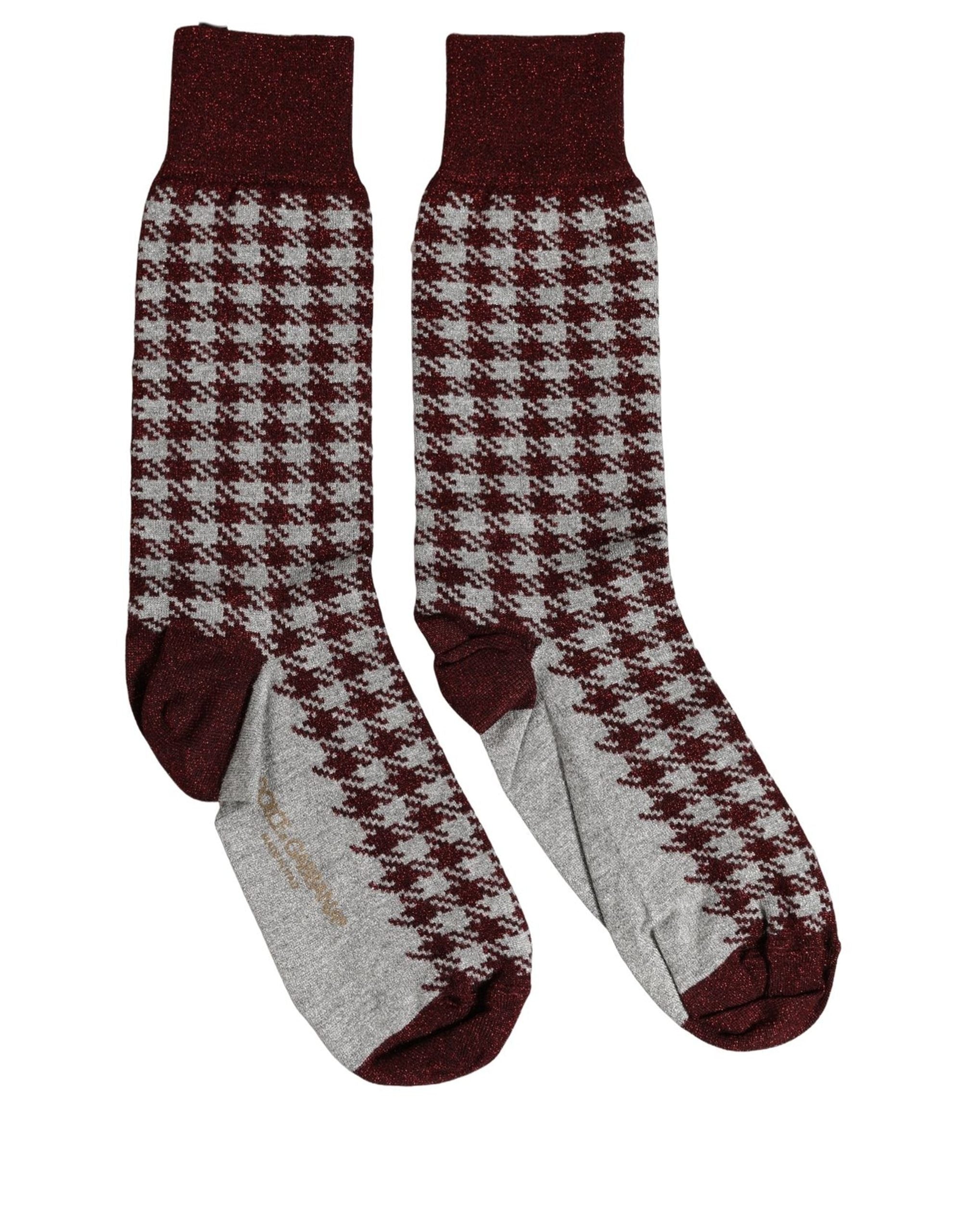 Dolce & Gabbana Maroon Gray Houndstooth Mid Calf Accessory Socks