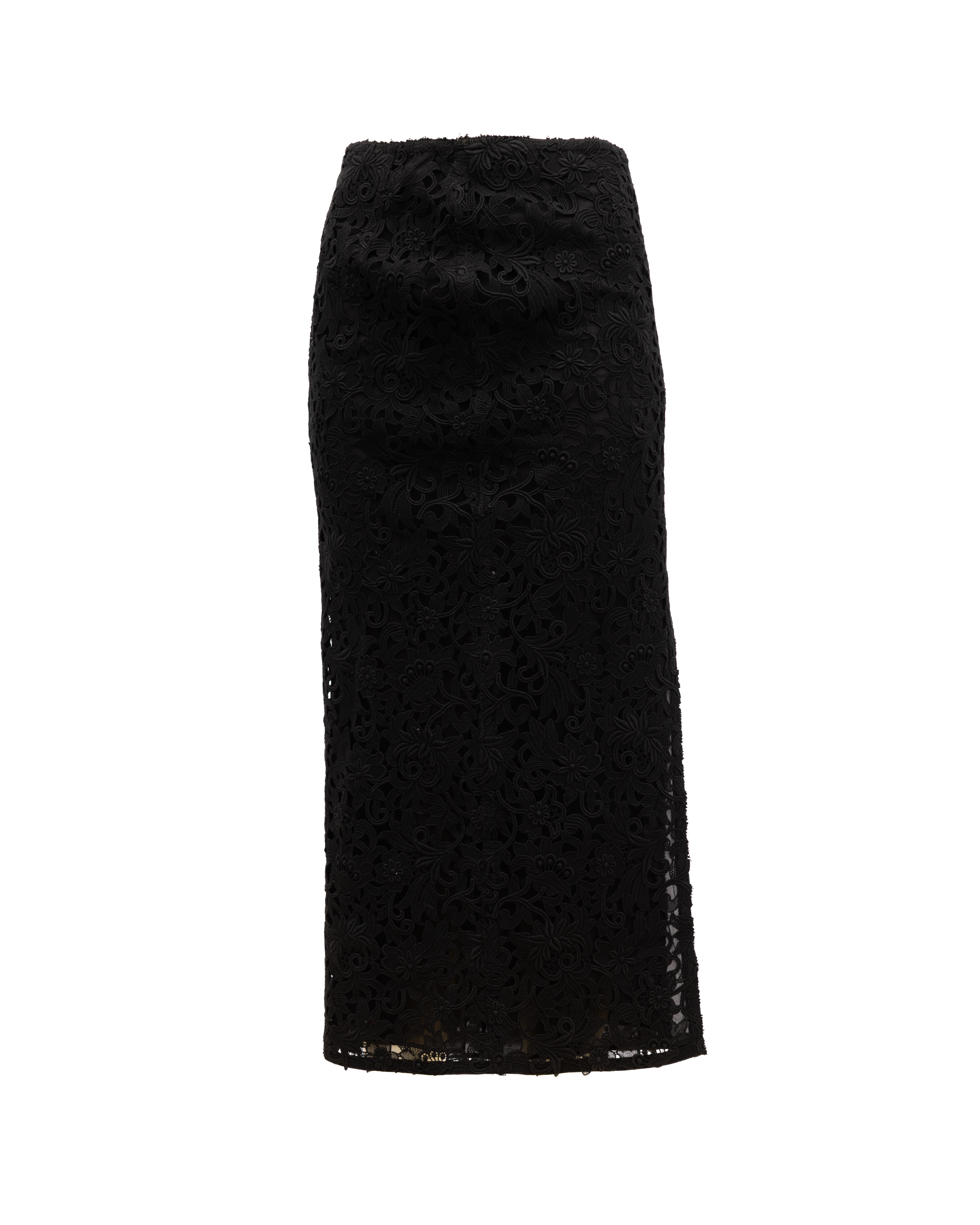 Indulge in the elegance of Valentino Garavani's black midi skirt, adorned with exquisite floral lace, a timeless piece that embodies luxury and sophistication.