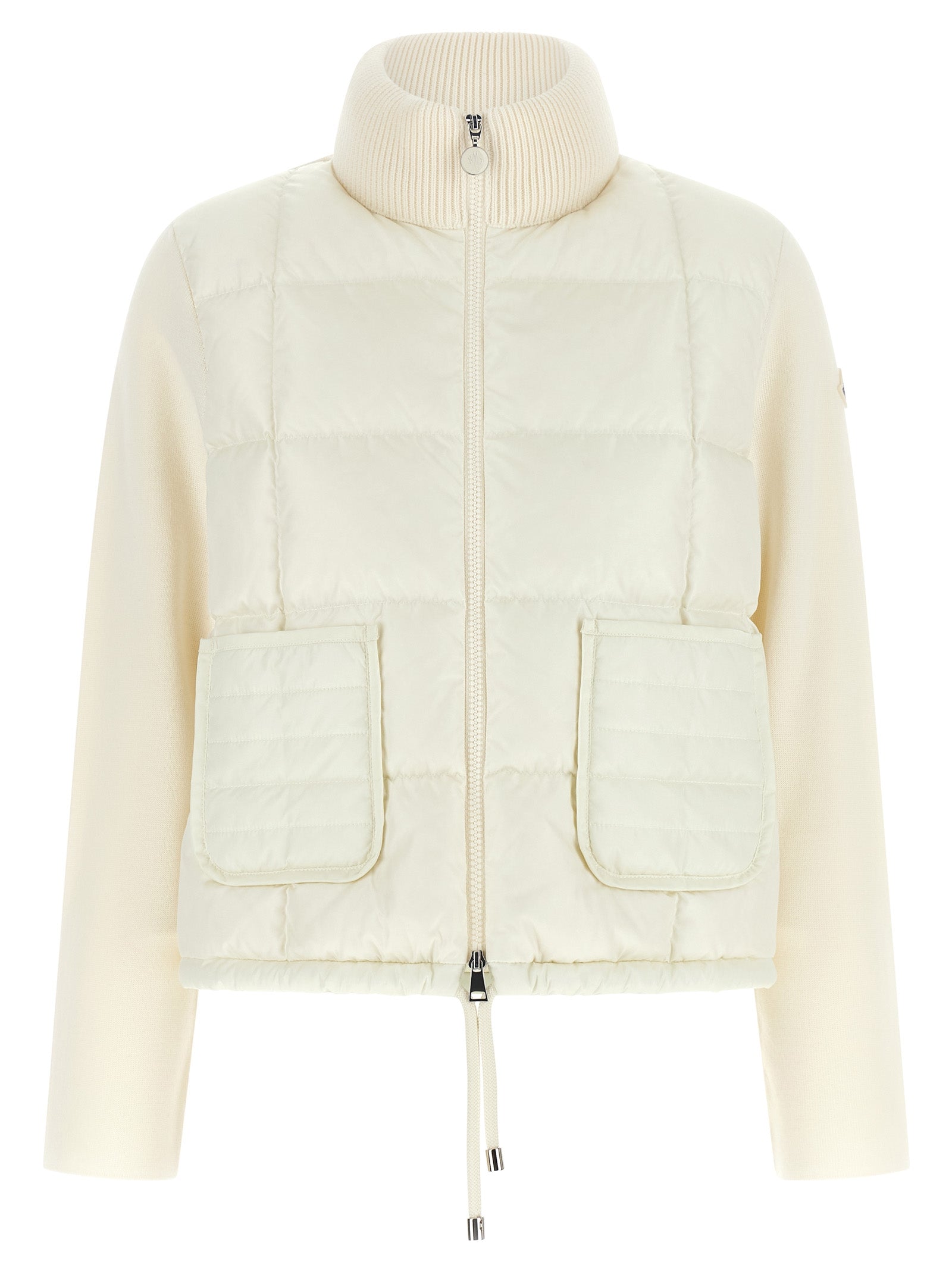 Elevate your wardrobe with the Moncler White Virgin Wool Full-Length Jacket, a harmonious blend of sophistication and innovation, perfect for seasonal transitions.