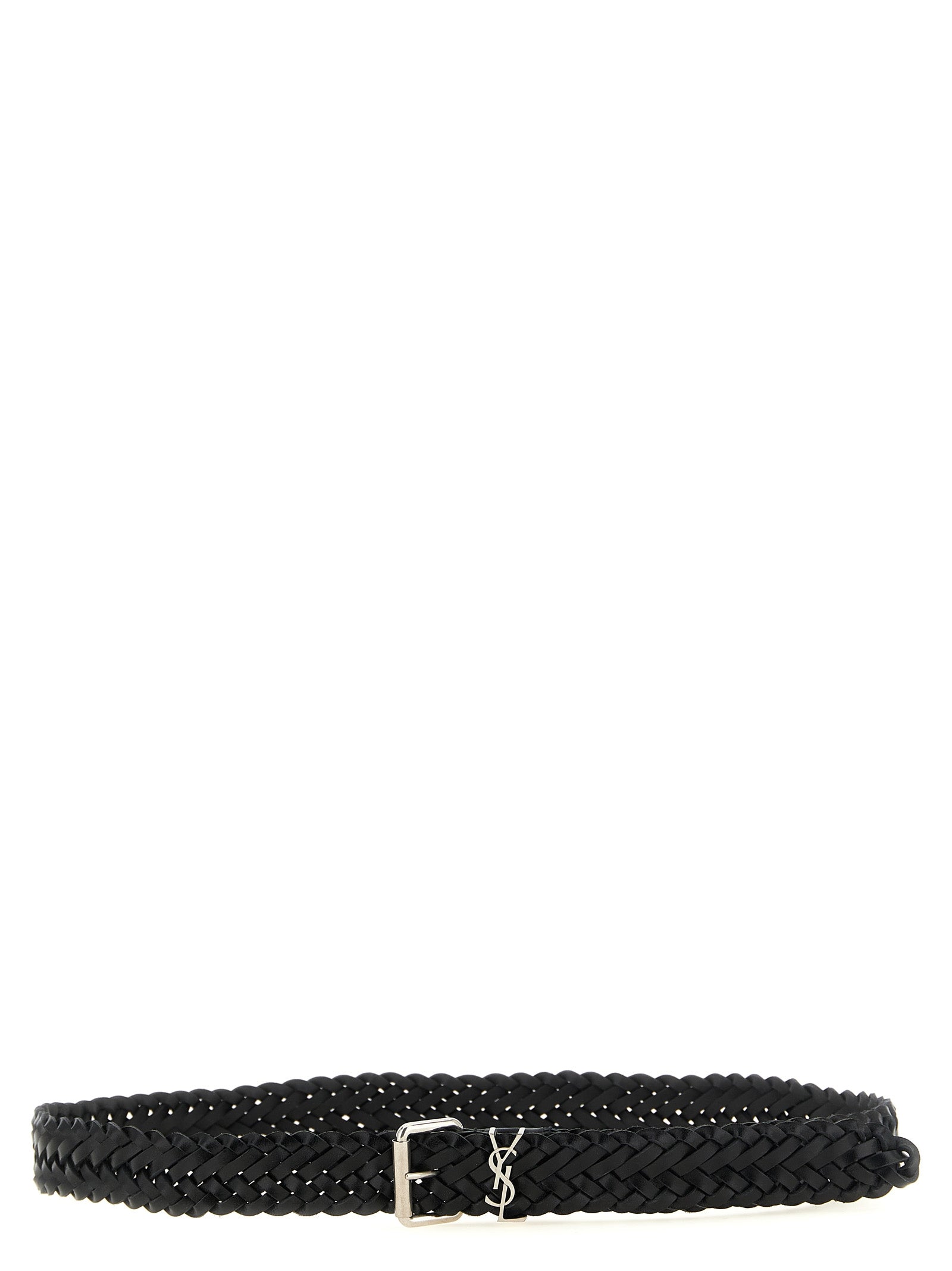Discover the Saint Laurent Black Calfskin Regular Belt, a masterpiece of woven leather and silver accents, embodying timeless elegance and refined luxury for discerning tastes.