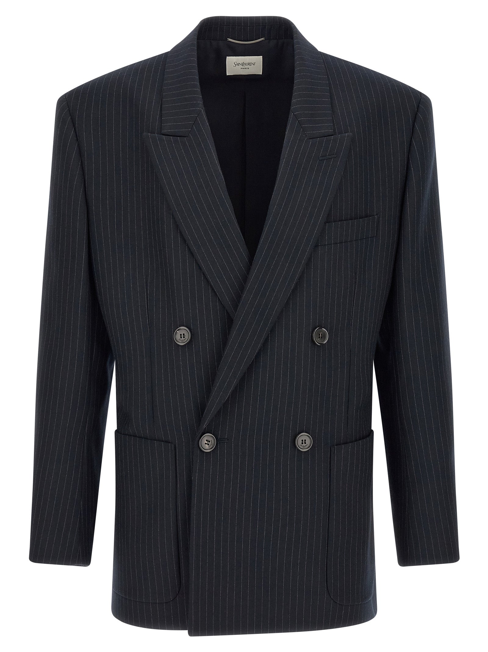 Elevate your wardrobe with the Saint Laurent Virgin Wool Gabardine Blazer, a masterpiece of elegance, featuring a striking pinstripe pattern and luxurious silk lining.