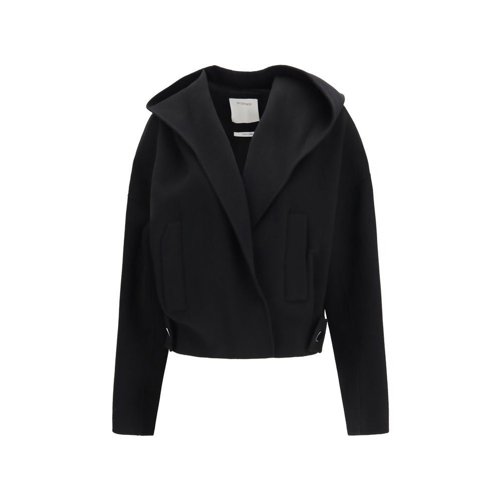 Indulge in the exquisite elegance of the Max Mara Black Wool Oves Aries Full-Length Jacket, crafted from pure virgin wool, embodying sophisticated luxury for the discerning individual.
