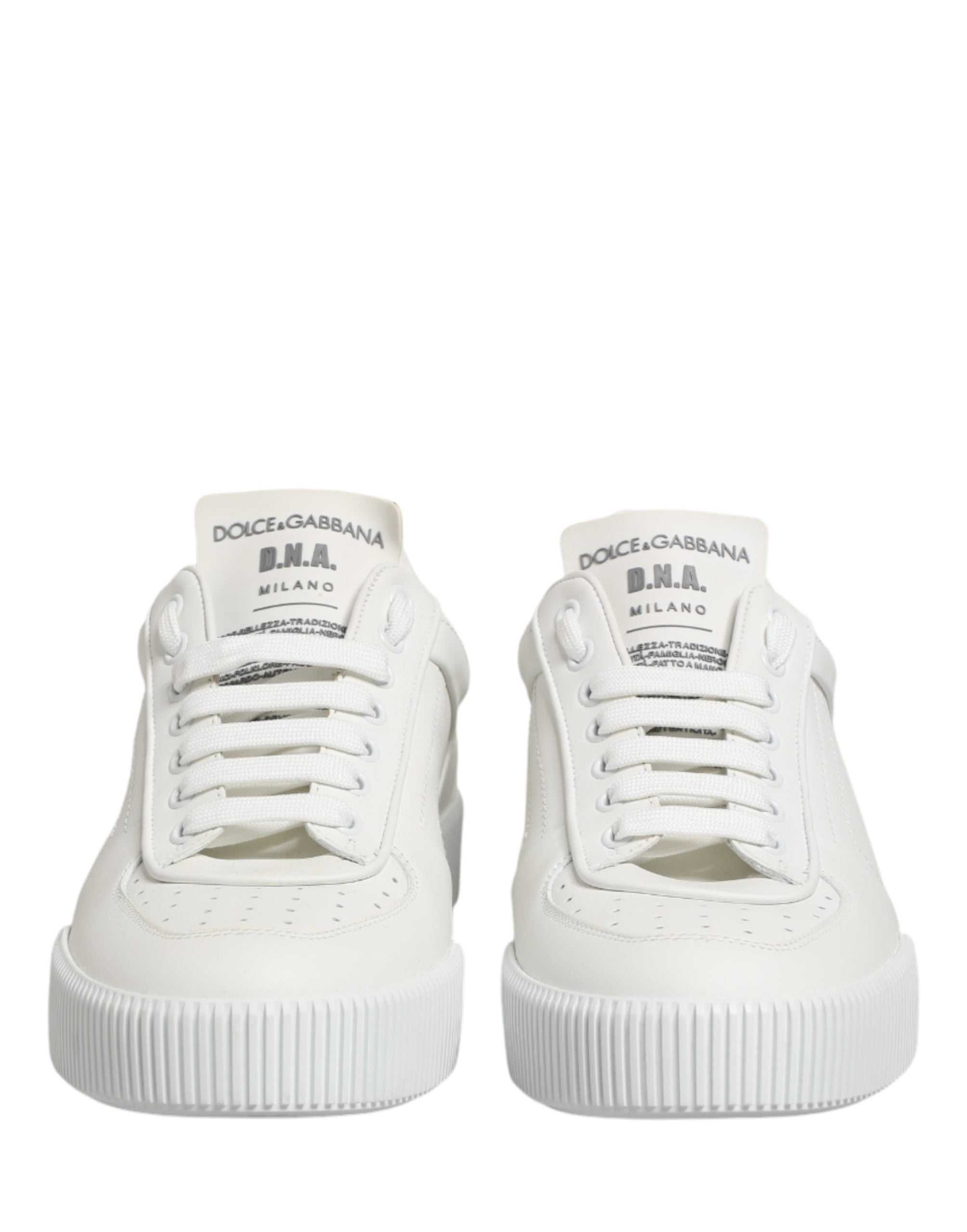 Indulge in the exquisite Dolce & Gabbana White Miami Leather Low Top Sneakers, where luxurious calfskin meets unparalleled craftsmanship for a refined lifestyle.