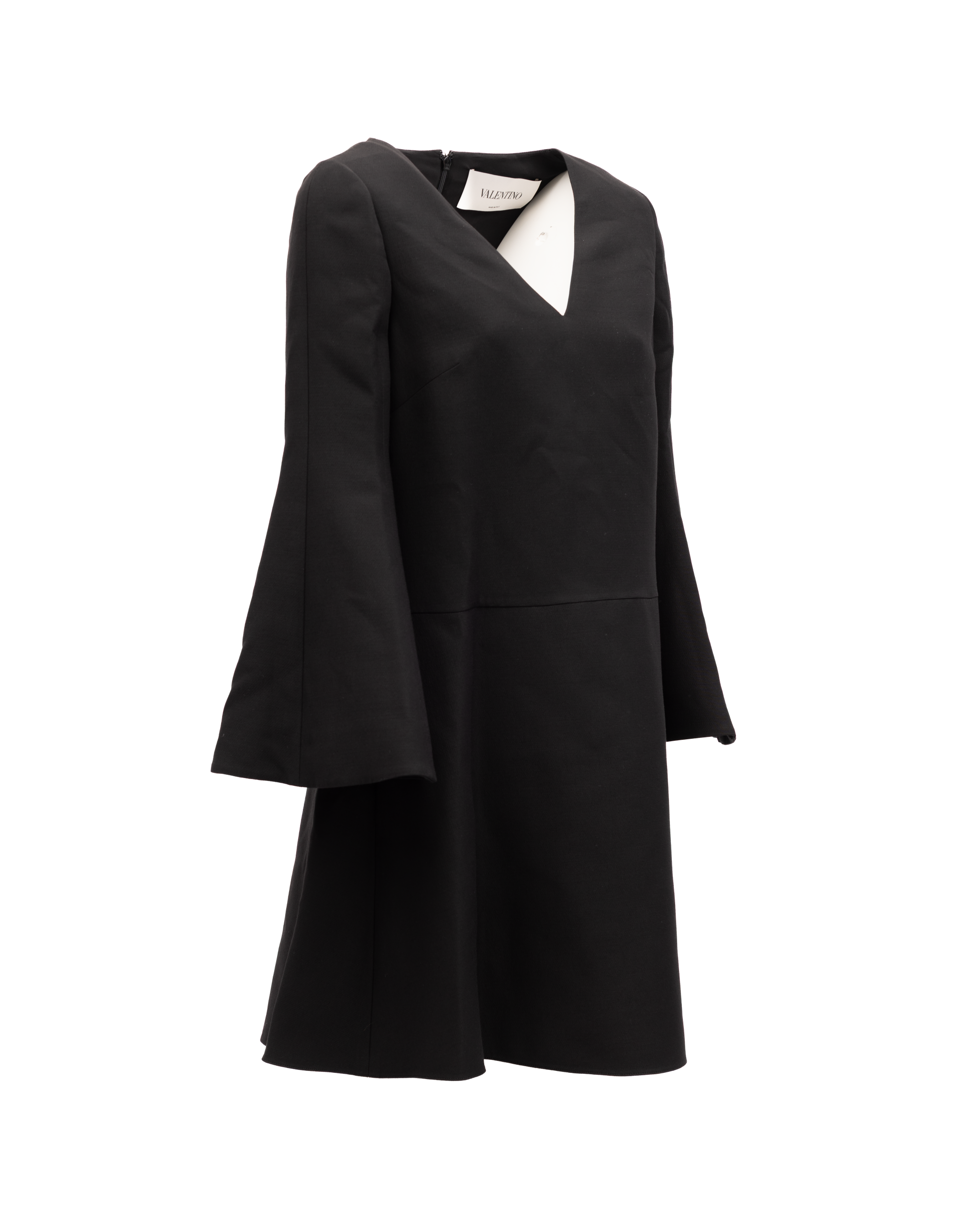 Valentino Garavani Black V-Neck Dress with Flared Sleeves