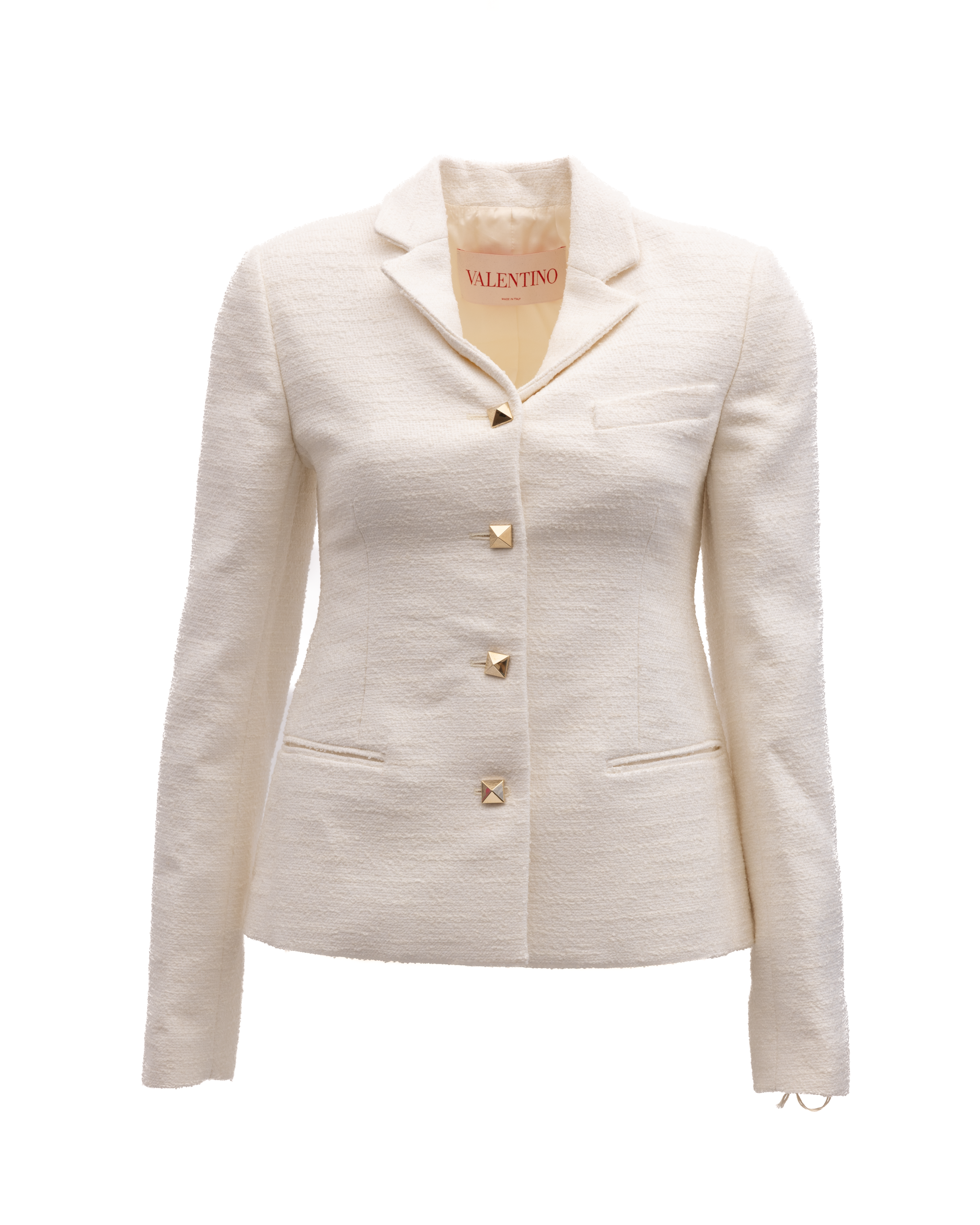Elevate your wardrobe with the Valentino Garavani Off-White Tailored Blazer, a symbol of refined elegance adorned with gold stud buttons, perfect for the discerning connoisseur.