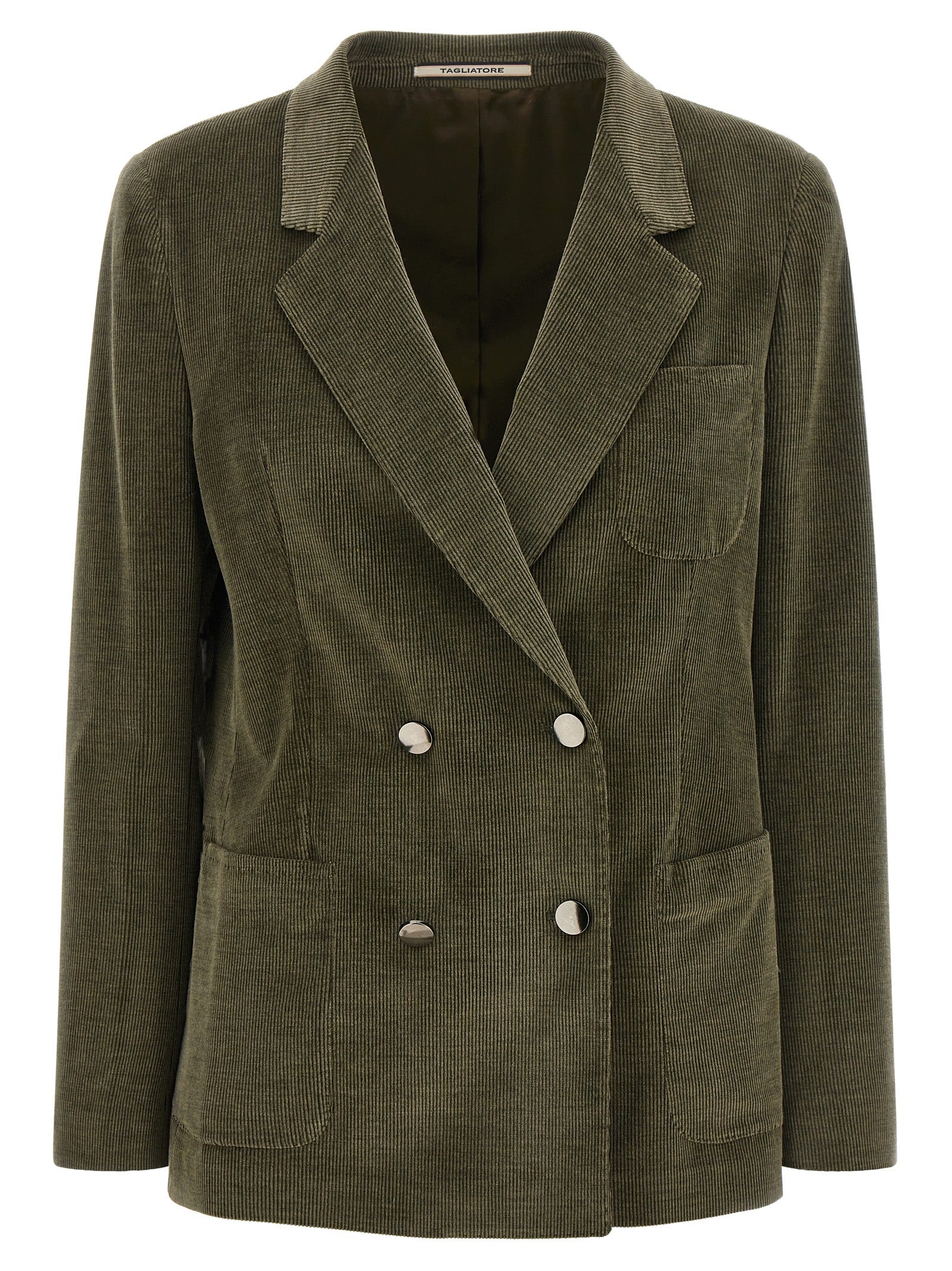 Indulge in the exquisite TAGLIATORE Nayade Bicolor Cotton Blazer, a luxurious blend of corduroy and cashmere, embodying timeless elegance and sophisticated allure.