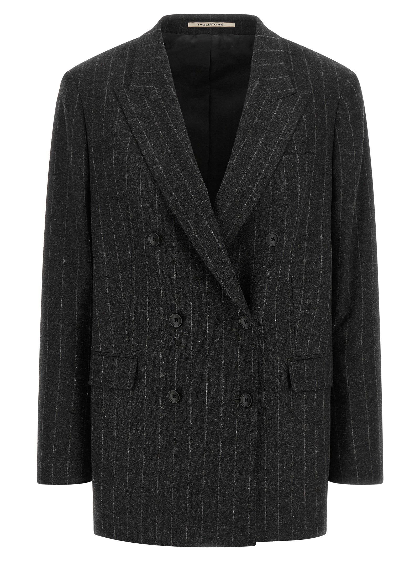 Elevate your wardrobe with the Tagliatore Jasmine Gray Wool Blazer, a masterpiece of Italian craftsmanship featuring a sophisticated pinstripe design and luxurious oversized silhouette.