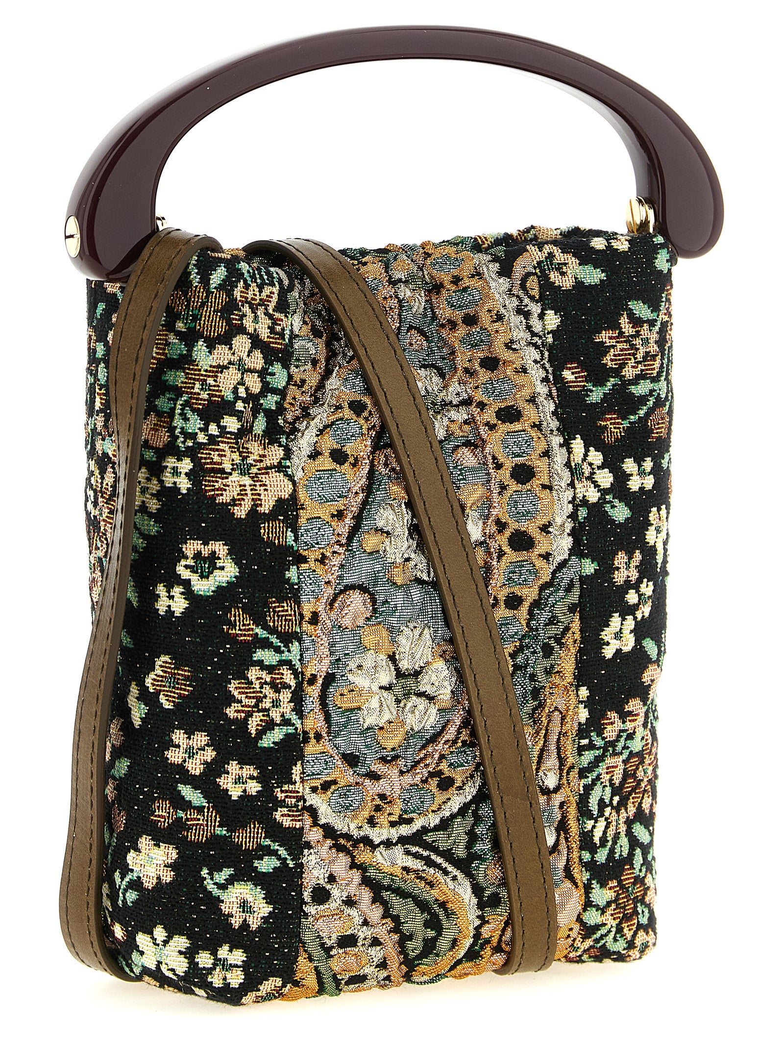 Elevate your style with the Dries Van Noten Crispino handbag, a masterpiece of jacquard fabric and opulent floral motifs, embodying luxurious craftsmanship and timeless elegance.