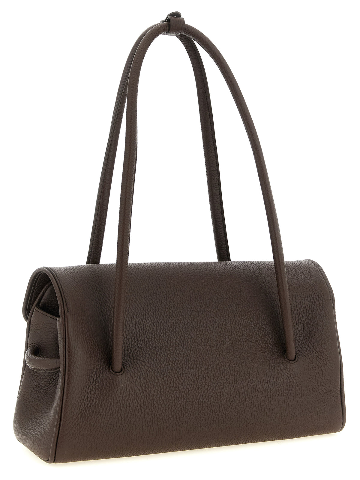Indulge in the exquisite Jacquemus Brown Calfskin Shoulder Bag, a timeless Italian masterpiece crafted from luxurious hammered calf leather, embodying bold sophistication and refined elegance.