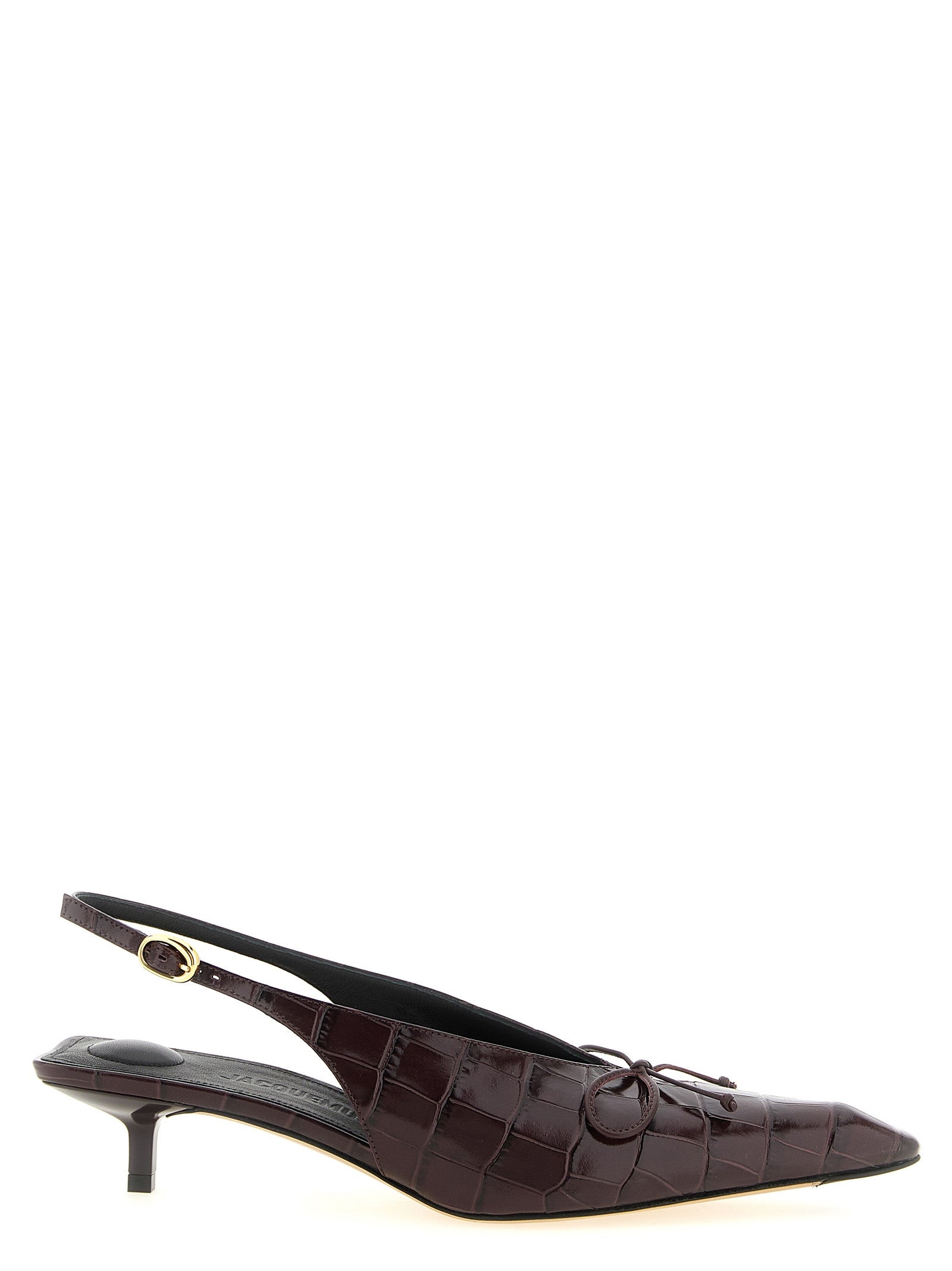Indulge in the exquisite Jacquemus Bordeaux Calfskin Mid Heel Pumps, where sophisticated craftsmanship meets bold design, perfect for the discerning connoisseur.