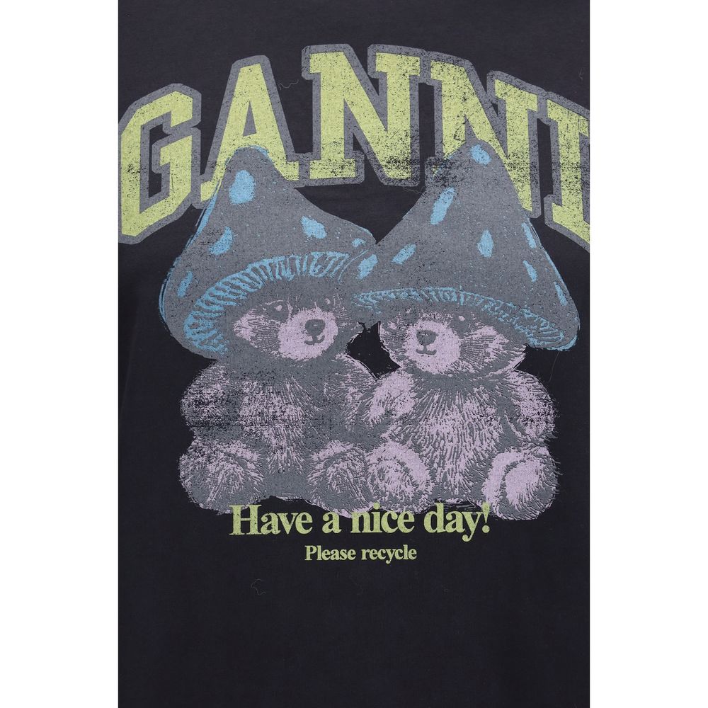 Elevate your wardrobe with the Ganni Gray Cotton T-Shirt, a luxurious blend of organic cotton and artistic design, embodying sophistication and sustainability.