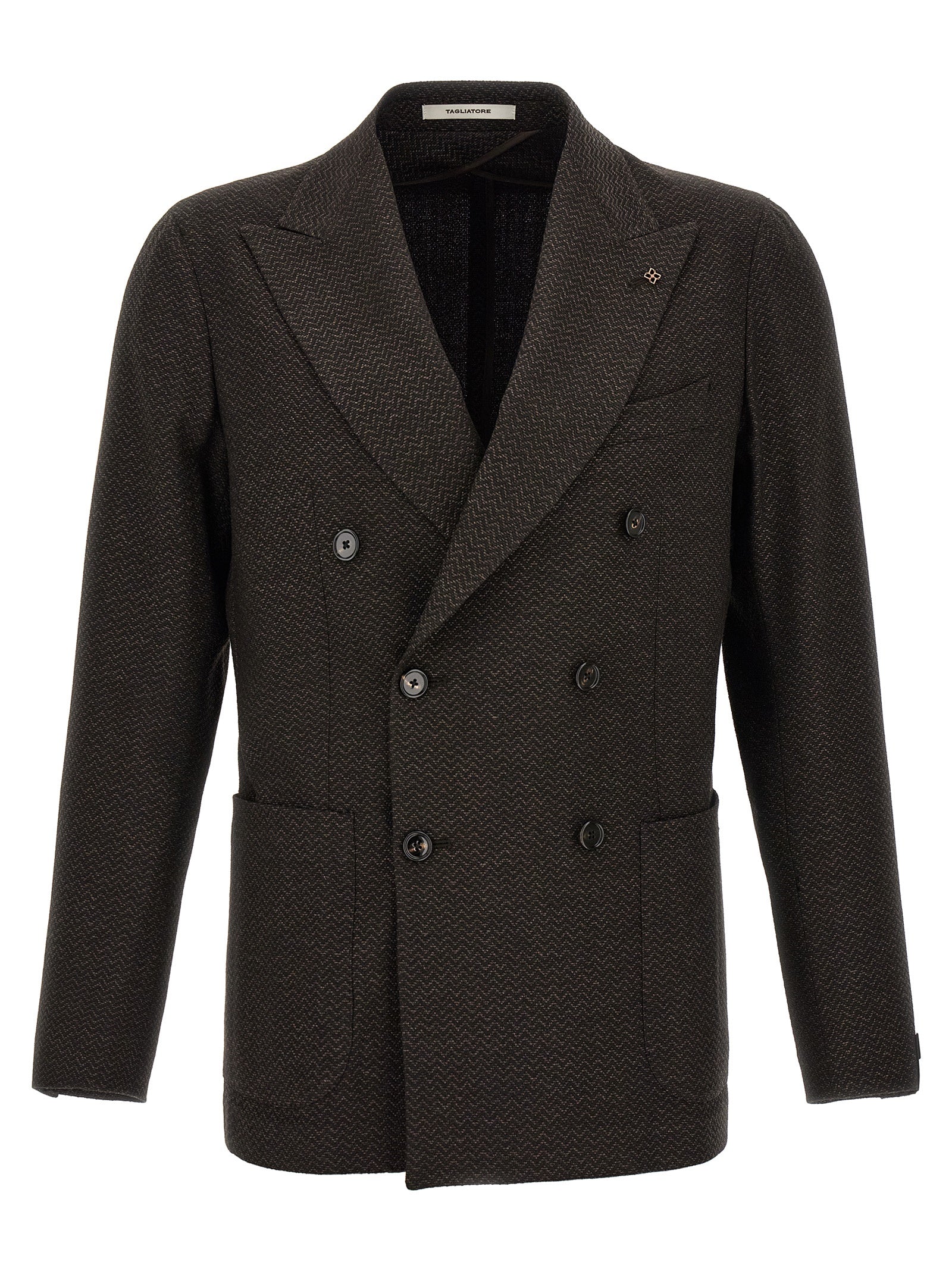Indulge in the TAGLIATORE Brown Virgin Wool Blazer, a masterclass in tailored elegance and herringbone sophistication, perfect for the discerning individual.