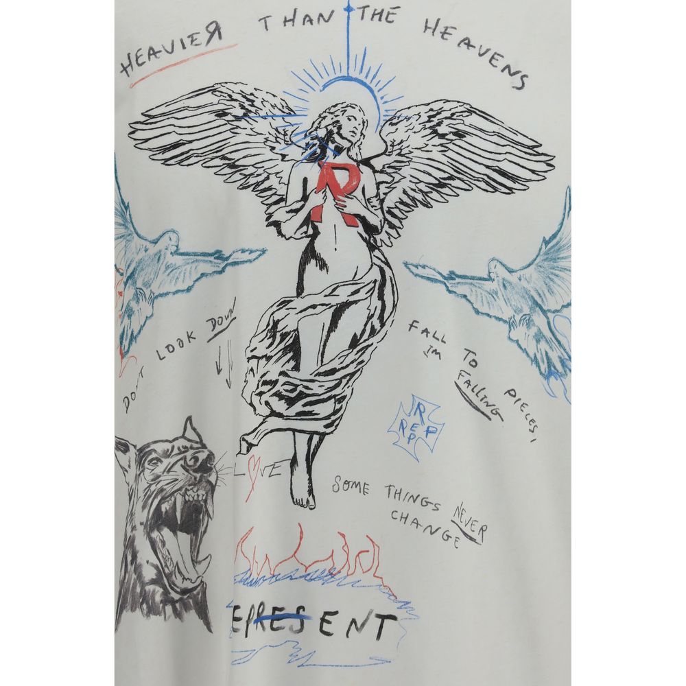 Elevate your wardrobe with the Represent Heavier Than The Heavens T-shirt, a luxurious cotton and hemp blend adorned with exquisite graphic artistry, embodying sophistication and style.