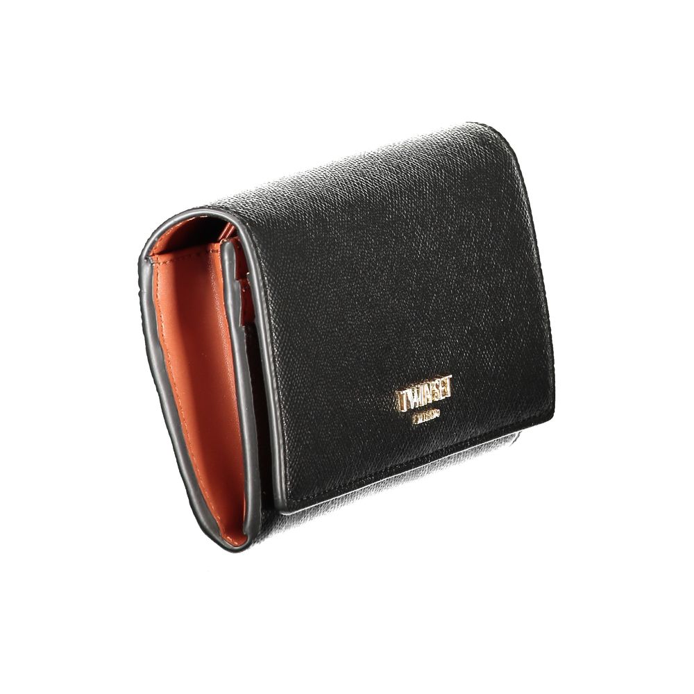 Indulge in the elegance of the Twinset Black Polyethylene Wallet, featuring exquisite craftsmanship and contrasting brown details, perfect for the discerning individual.