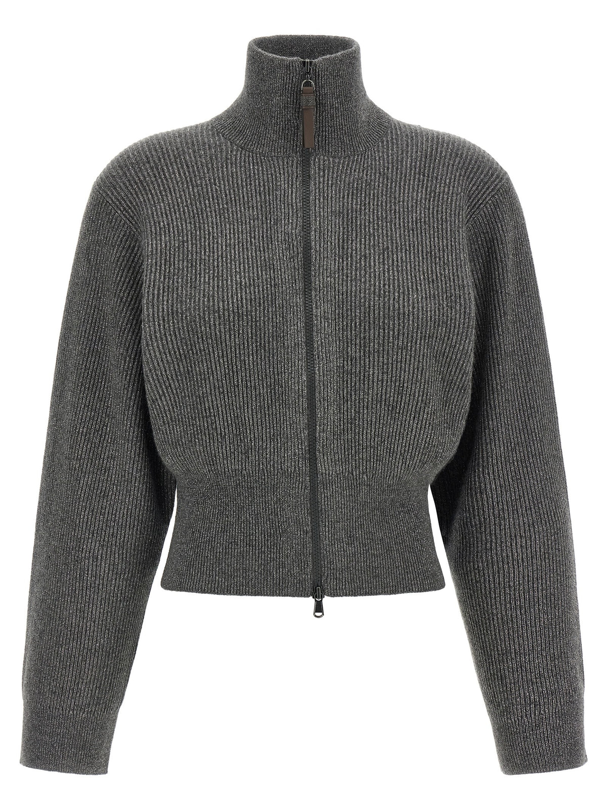 Discover the Brunello Cucinelli Gray Cashmere Cardigan, a luxurious blend of cashmere and metallic fibers, embodying modern elegance and timeless sophistication.
