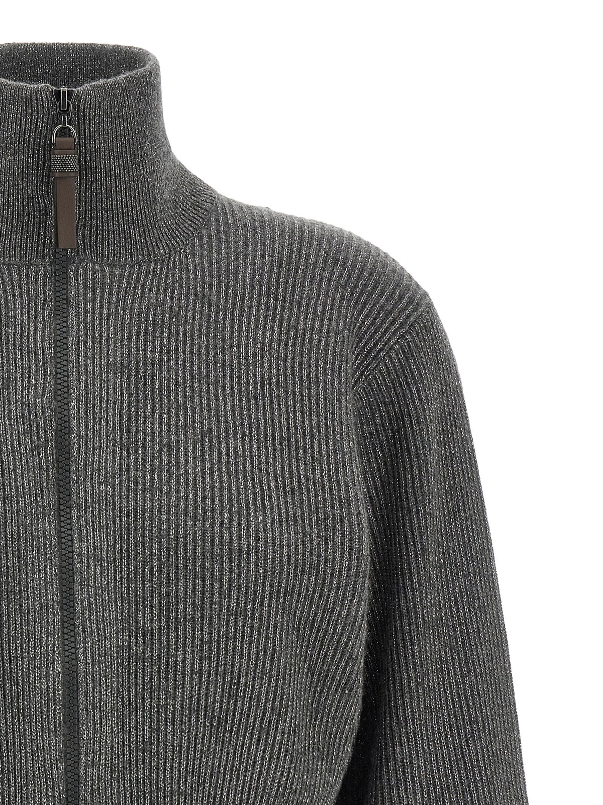 Indulge in the exquisite Brunello Cucinelli Gray Cashmere Cardigan, a luxurious blend of cashmere and metallic fibers, embodying modern elegance and timeless sophistication.
