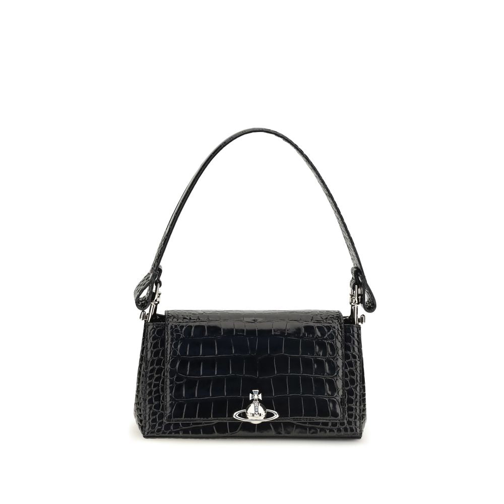 Indulge in the allure of the Vivienne Westwood Black Calf Leather Bos Taurus Shoulder Bag, a masterpiece of glossy croc-effect leather, embodying timeless elegance and sophistication.