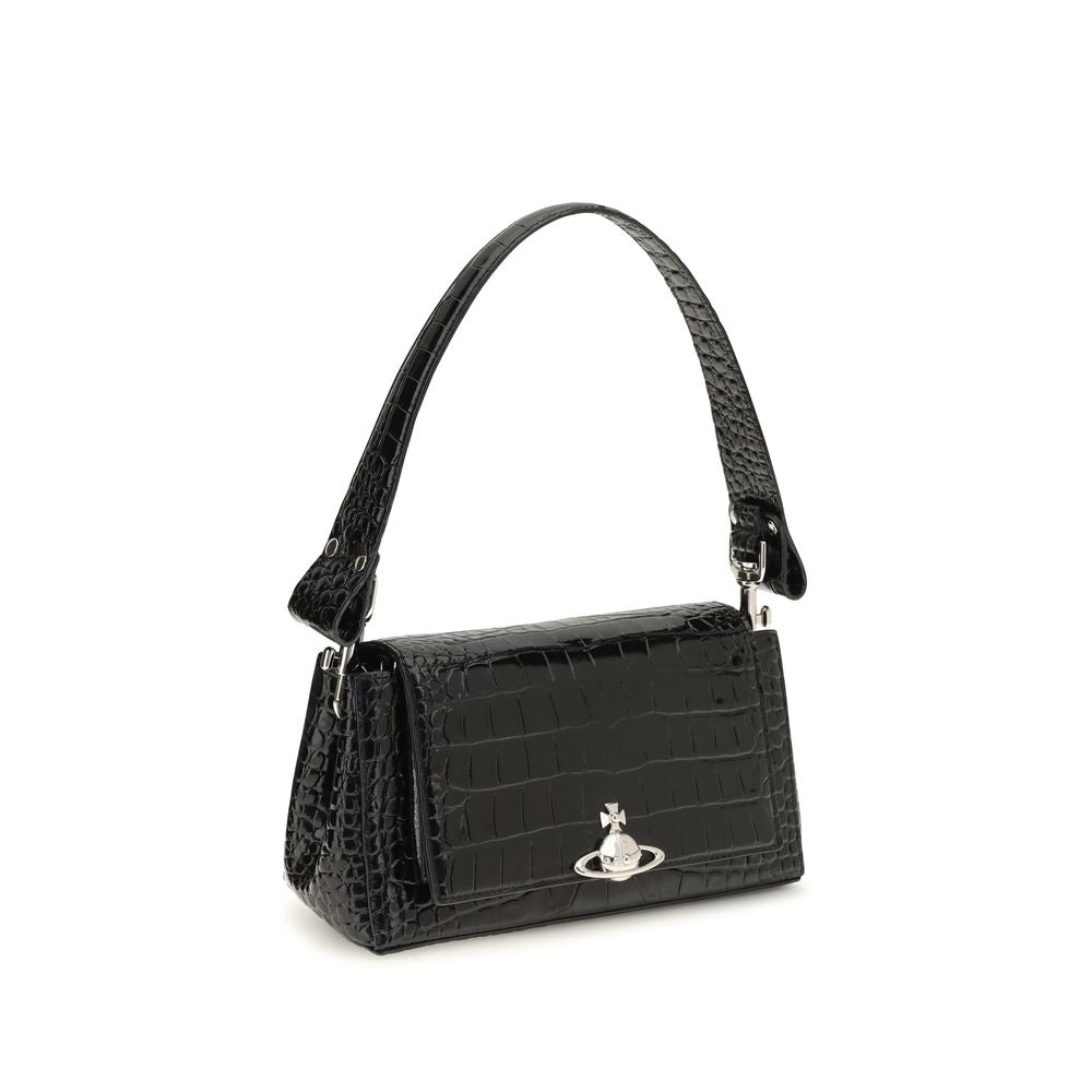 Discover the Vivienne Westwood Black Calf Leather Bos Taurus Shoulder Bag, a masterpiece of glossy croc-effect leather, embodying timeless elegance and sophisticated allure.