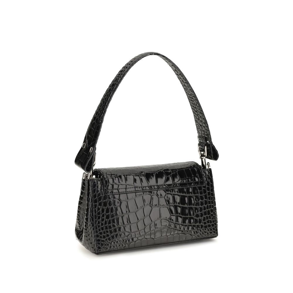 Indulge in the exquisite Vivienne Westwood Black Calf Leather Bos Taurus Shoulder Bag, a masterpiece of glossy croc-effect leather, embodying modern luxury and timeless elegance.