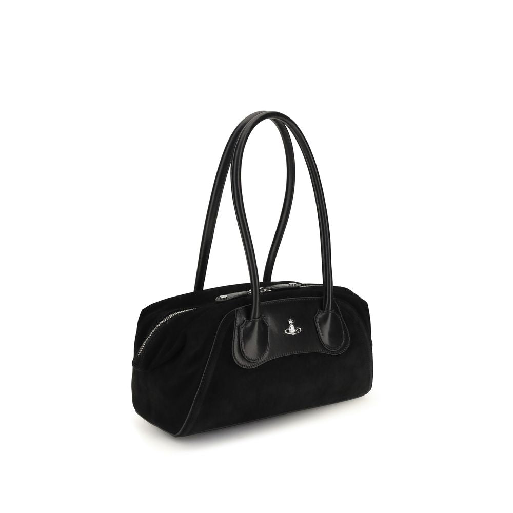 Indulge in the exquisite Vivienne Westwood Black Calf Leather Bos Taurus Shoulder Bag, a masterpiece of craftsmanship that embodies modern luxury and timeless elegance.