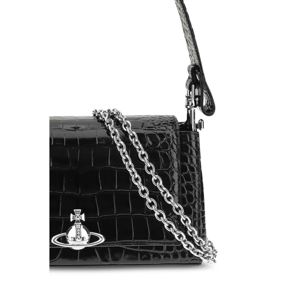 Indulge in the exquisite craftsmanship of the Vivienne Westwood Black Calf Leather Bos Taurus Shoulder Bag, a timeless accessory that embodies luxury and sophistication.