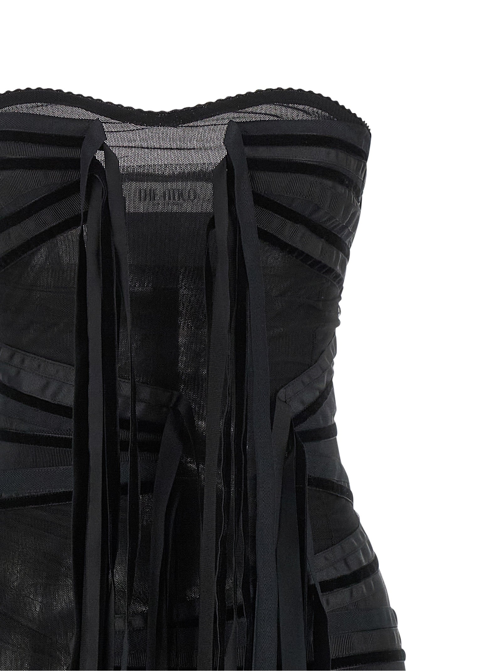 Discover the allure of The Attico Black Polyamide Short Dress, a masterpiece of semi-transparent tulle and velvet bands, designed to elevate your evening elegance.