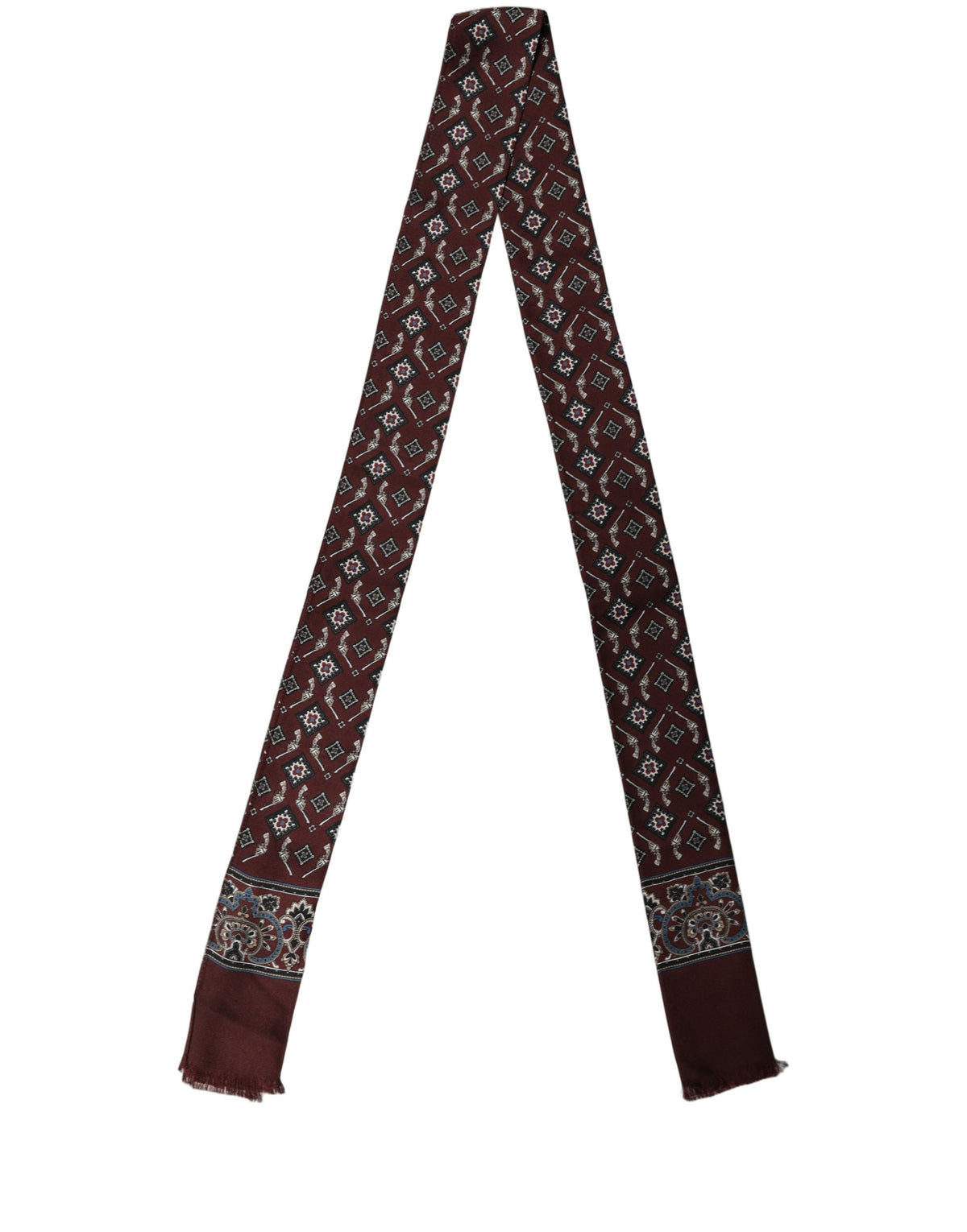Dolce & Gabbana Burgundy Silk Skinny Scarf with Fringed Ends