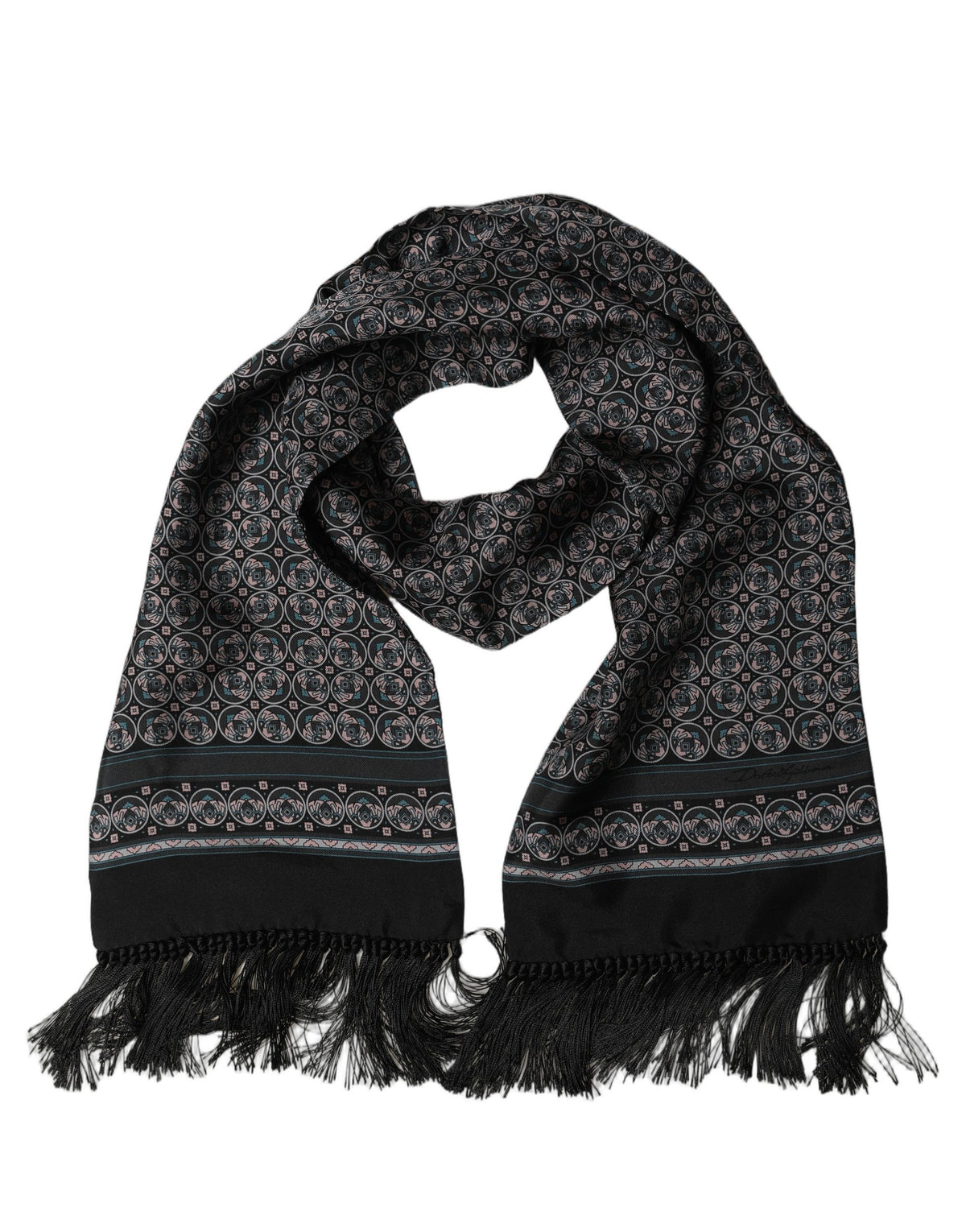 Dolce & Gabbana Black Silk Geometric Fringed Shawl Scarf
