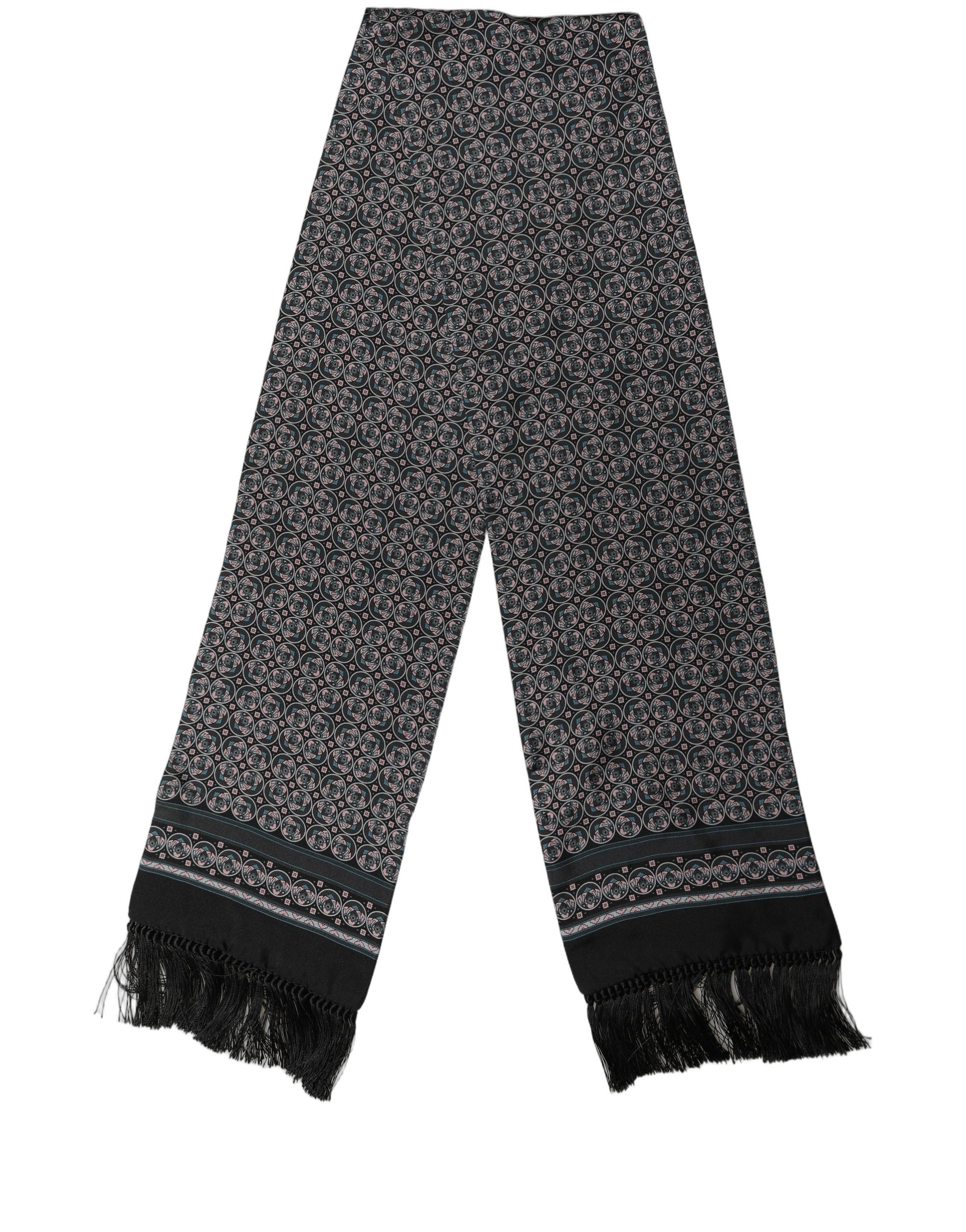 Dolce & Gabbana Black Silk Geometric Fringed Shawl Scarf