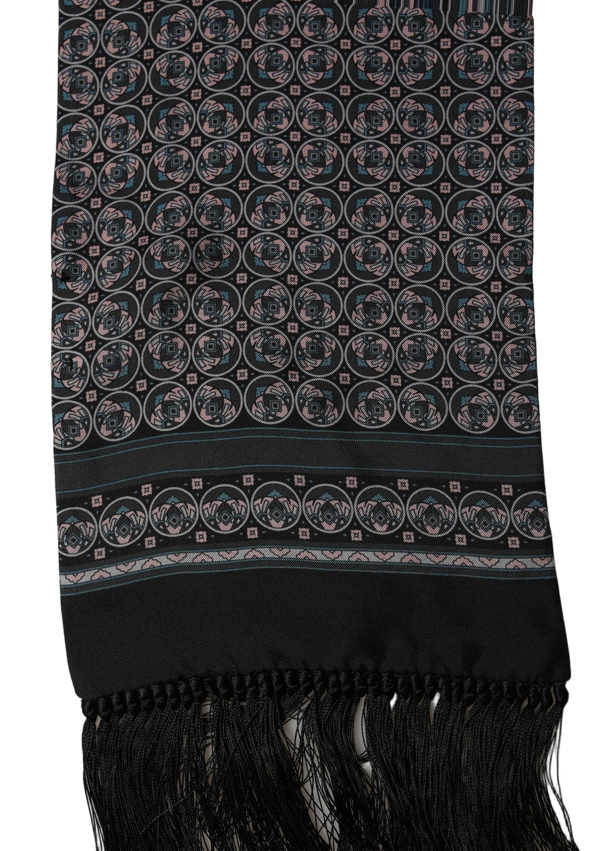 Dolce & Gabbana Black Silk Geometric Fringed Shawl Scarf