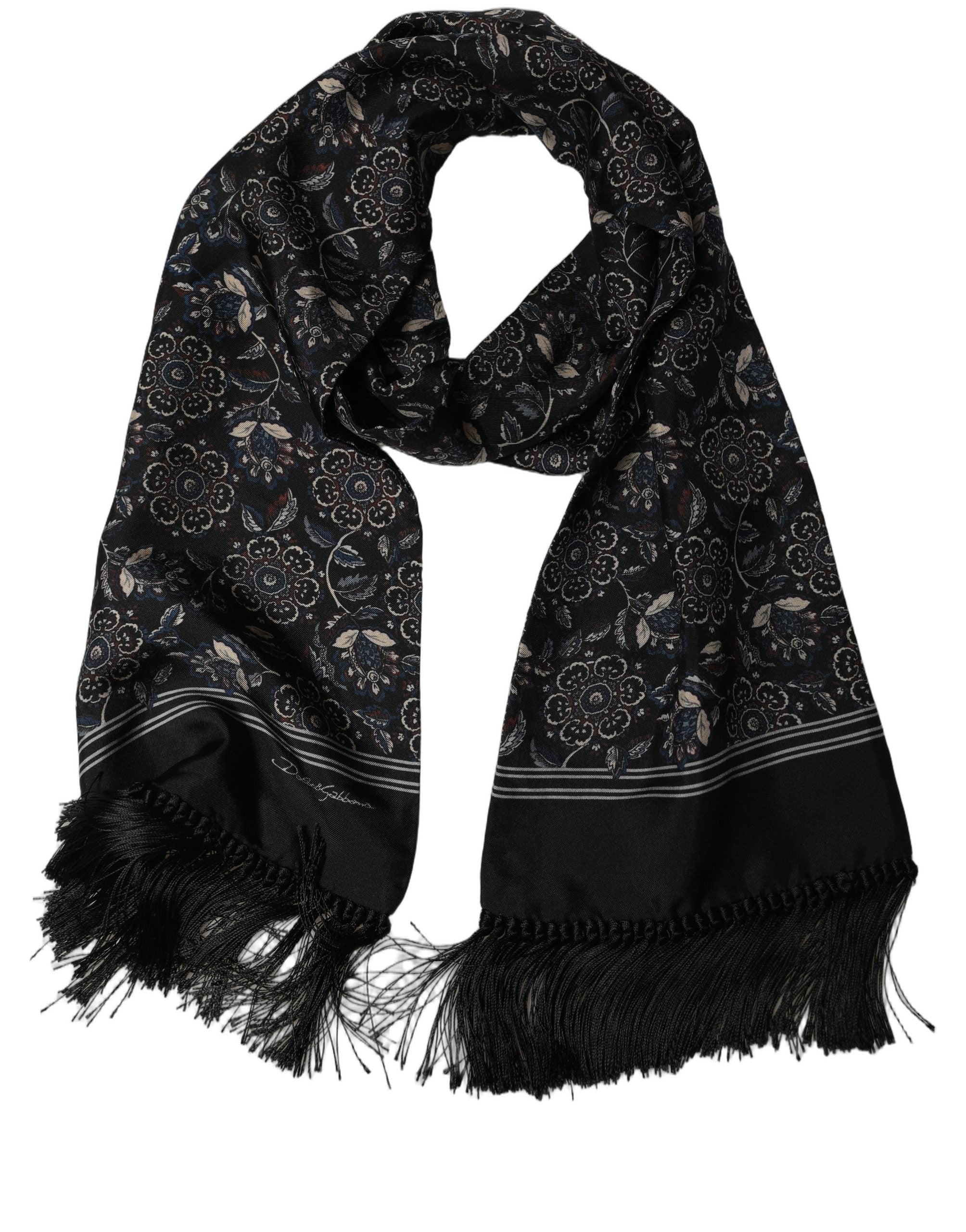 Dolce & Gabbana Black Silk Floral Paisley Fringed Shawl