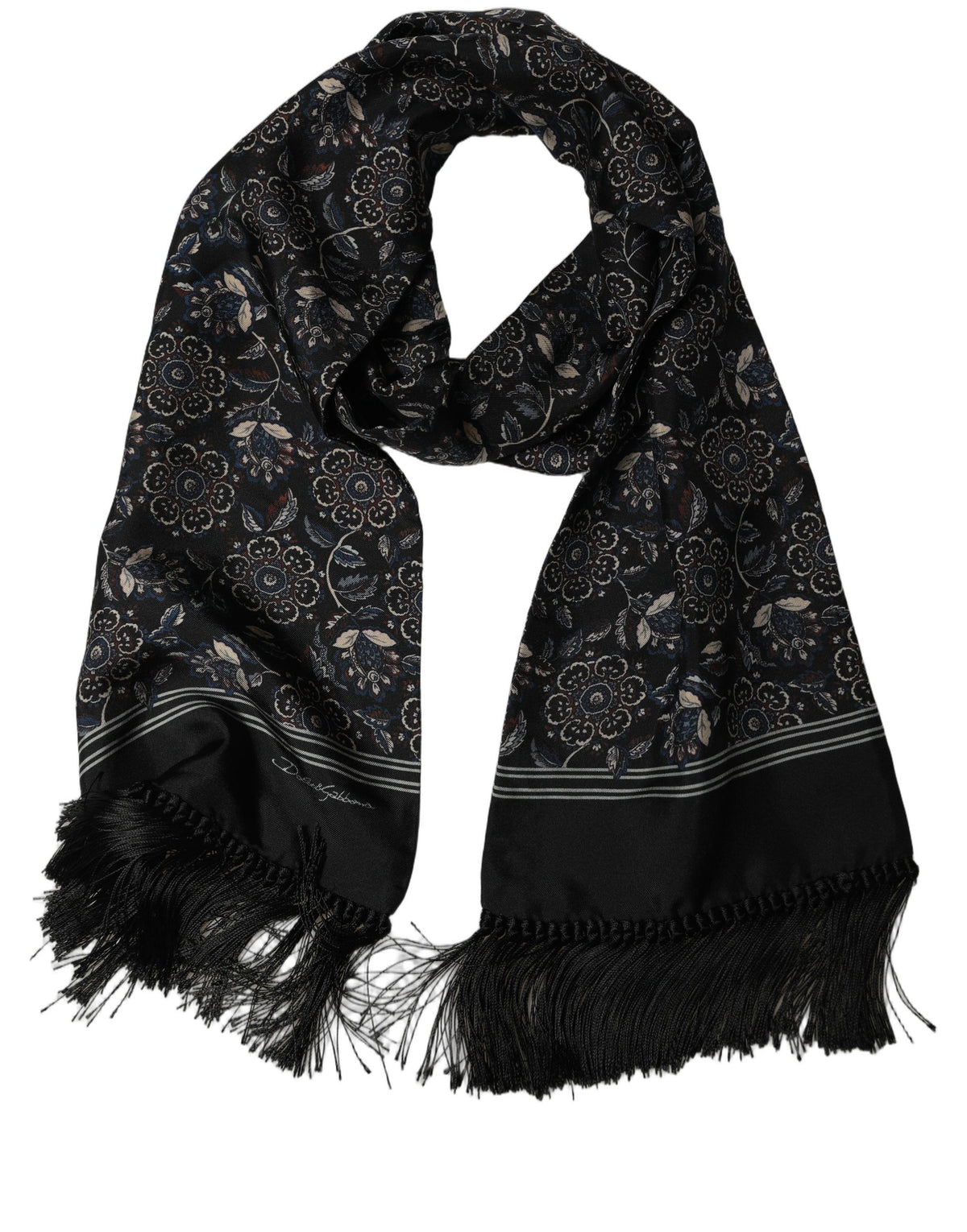 Dolce & Gabbana Black Silk Floral Paisley Fringed Shawl