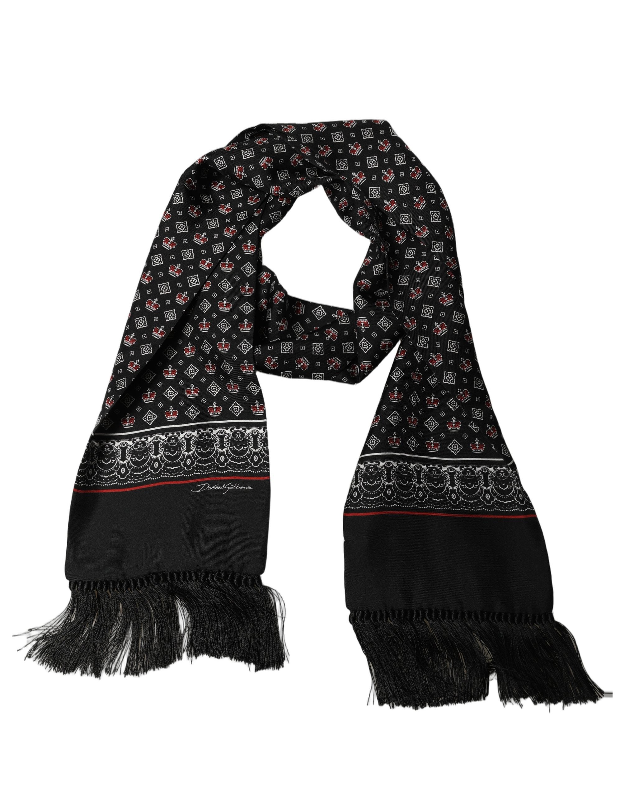 Dolce & Gabbana Black Silk Crown Fringed Shawl Scarf