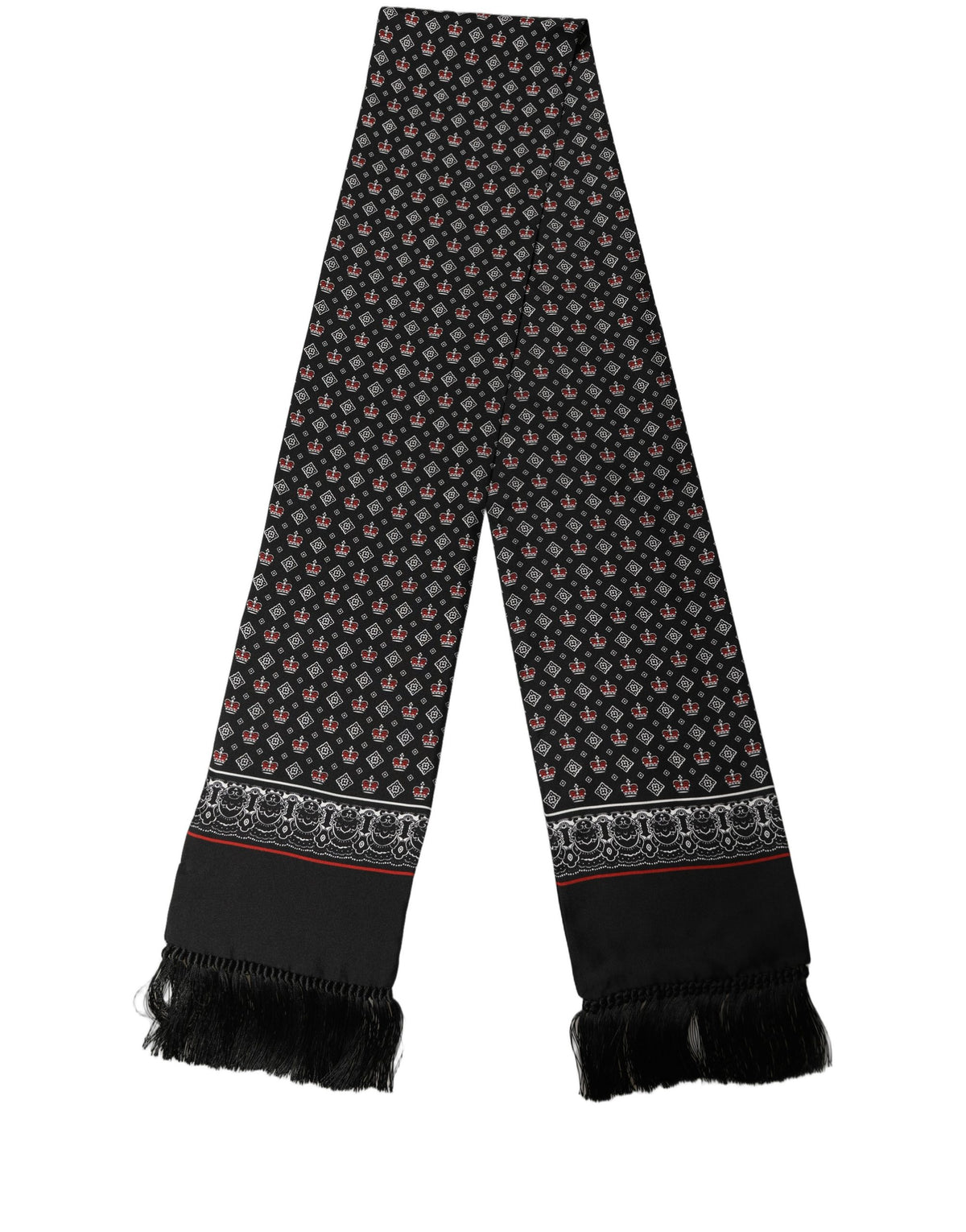 Dolce & Gabbana Black Silk Crown Fringed Shawl Scarf