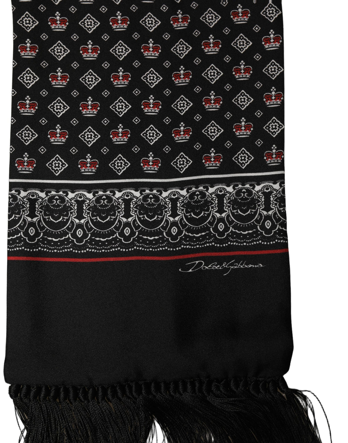 Dolce & Gabbana Black Silk Crown Fringed Shawl Scarf