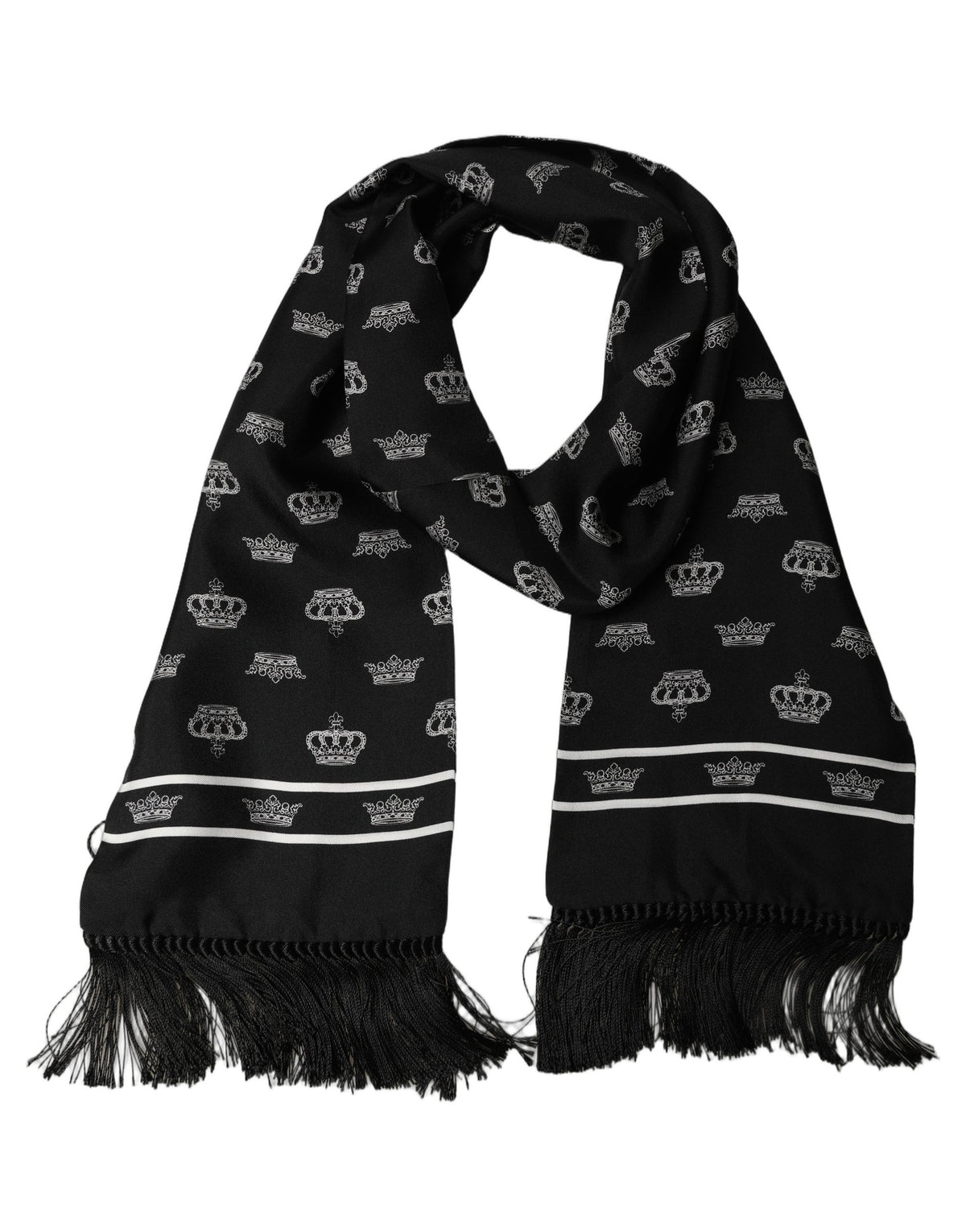 Dolce & Gabbana Black Silk Crown Fringed Shawl Scarf