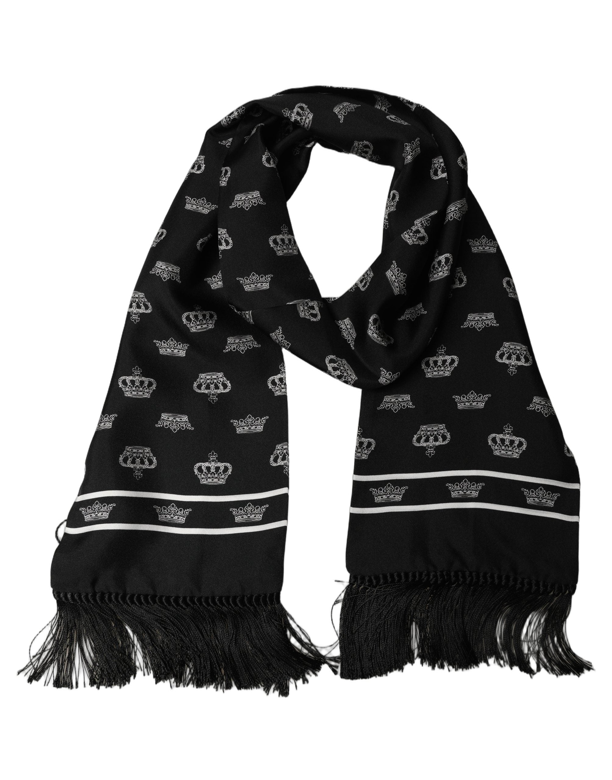 Dolce & Gabbana Black Silk Crown Fringed Shawl Scarf