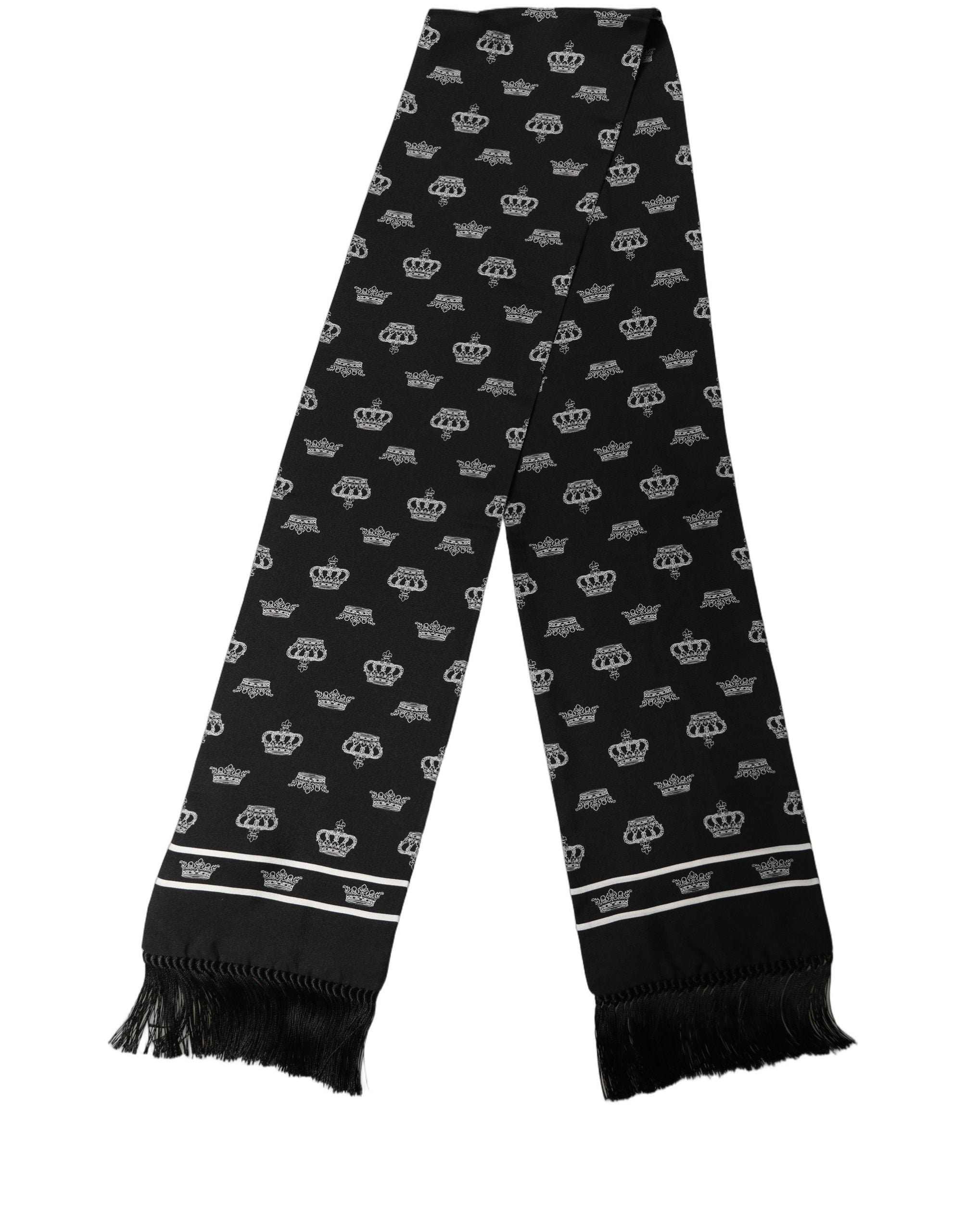 Dolce & Gabbana Black Silk Crown Fringed Shawl Scarf