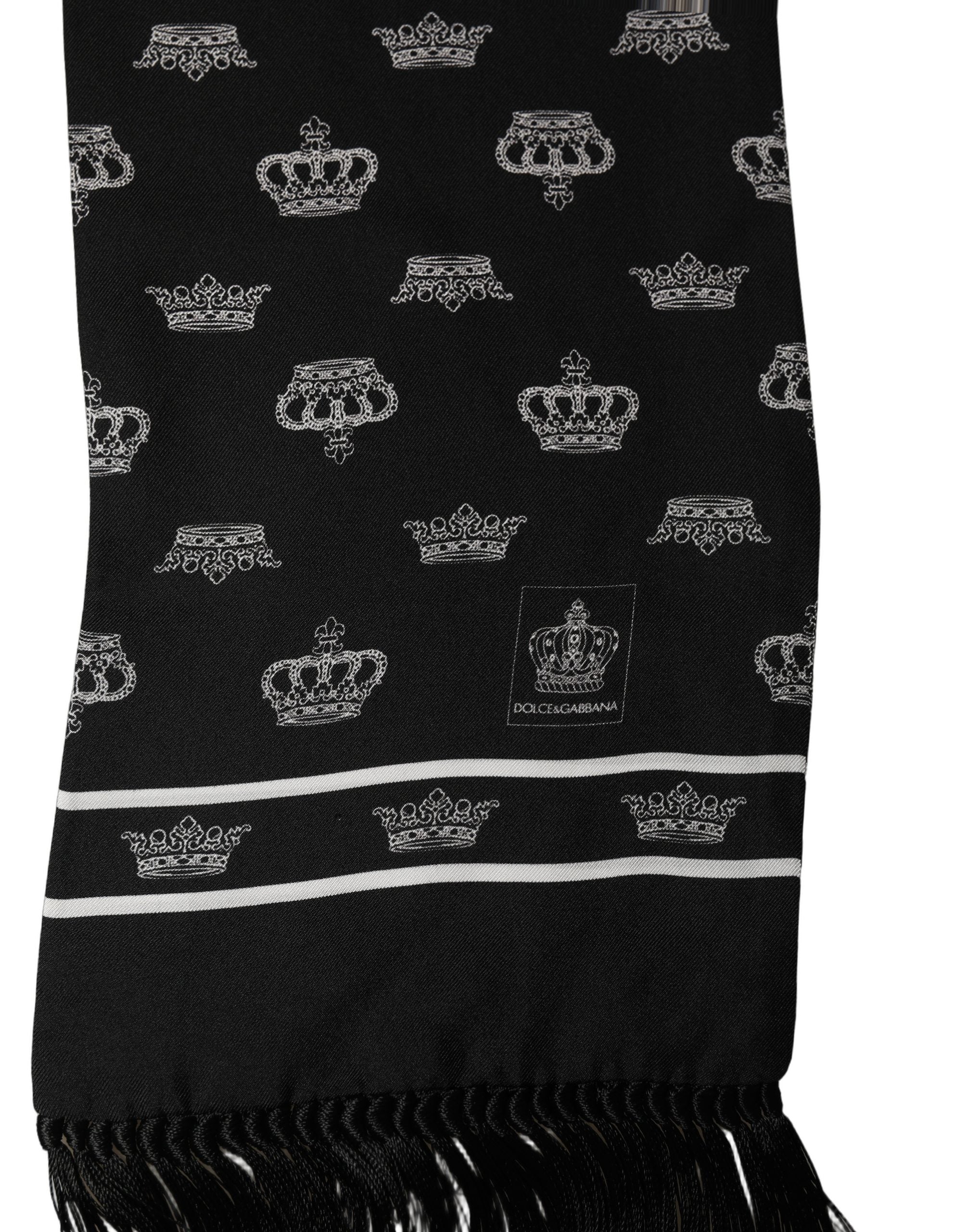 Dolce & Gabbana Black Silk Crown Fringed Shawl Scarf