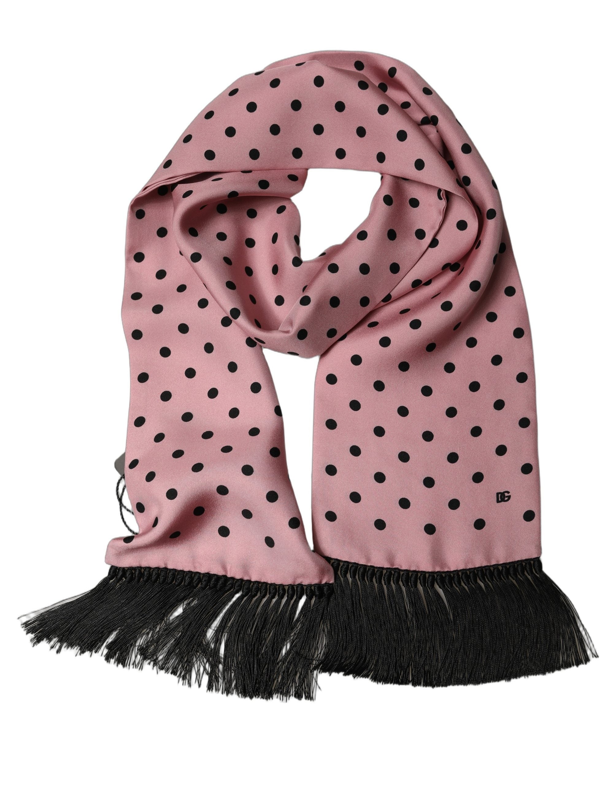 Dolce & Gabbana Pink Silk Polka Dot Fringed Lace Stole