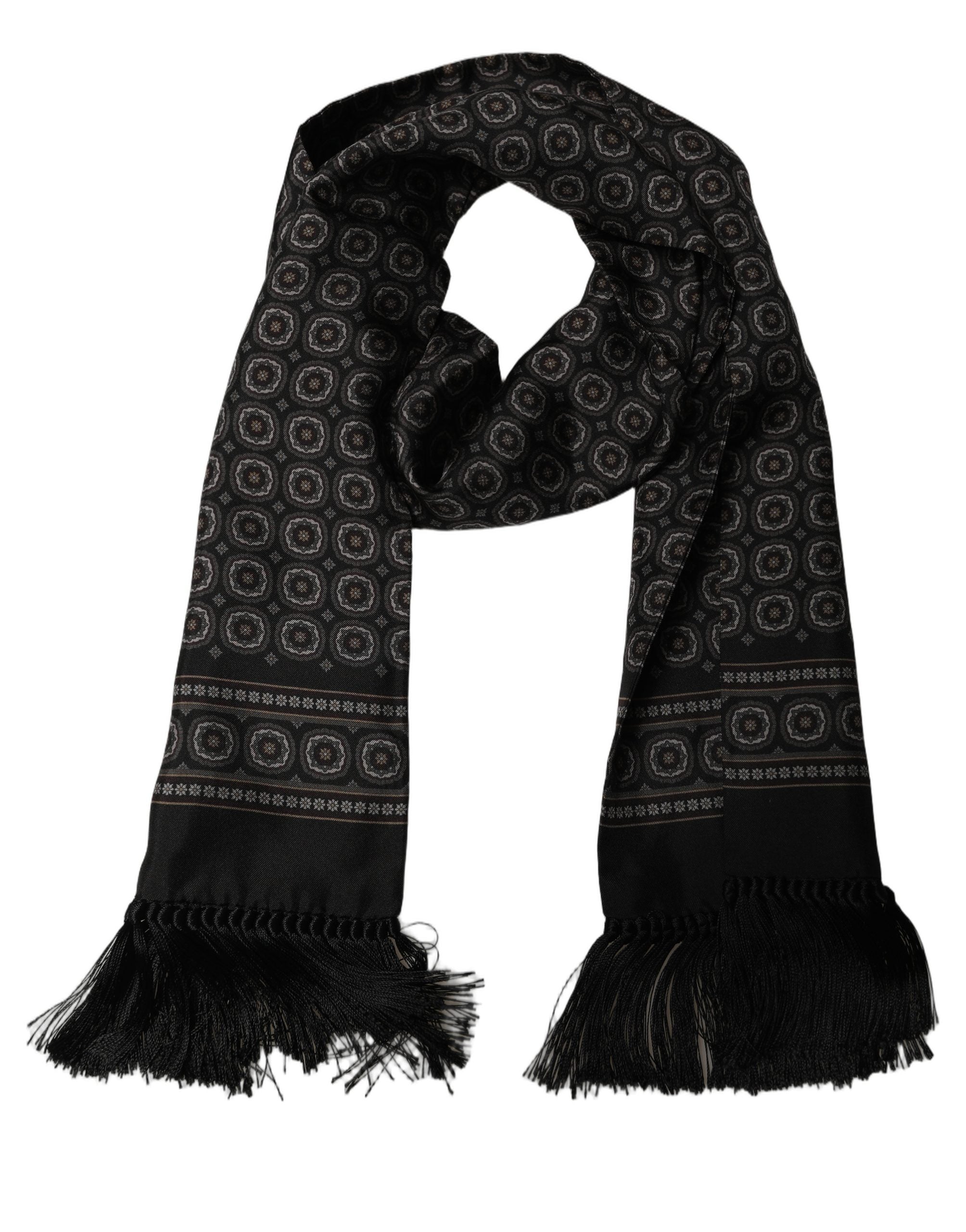 Dolce & Gabbana Black Silk Geometric Fringed Shawl Scarf