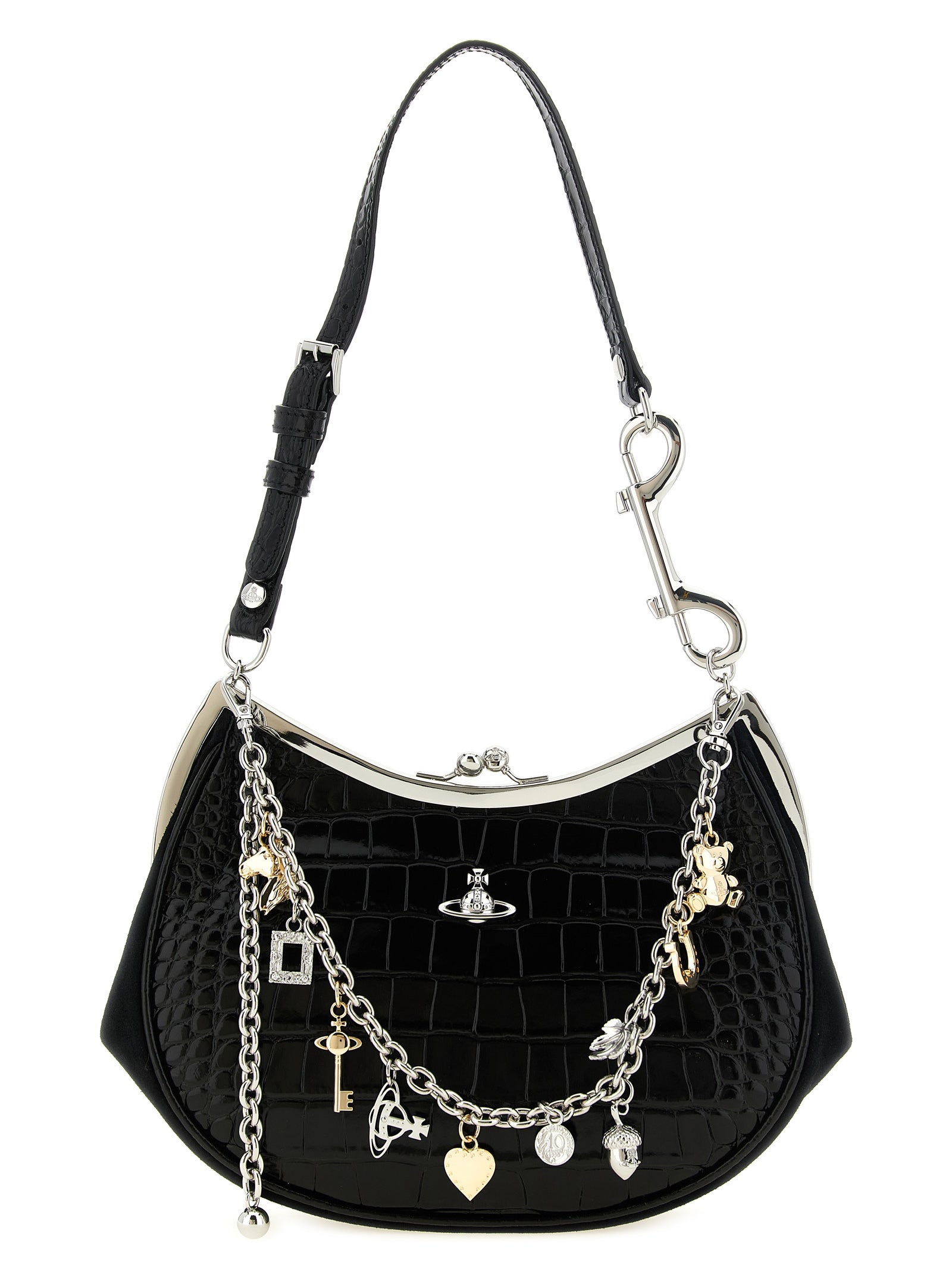 Elevate your style with the Vivienne Westwood Charm Frame shoulder bag, a luxurious calfskin masterpiece that embodies timeless elegance and eclectic sophistication.