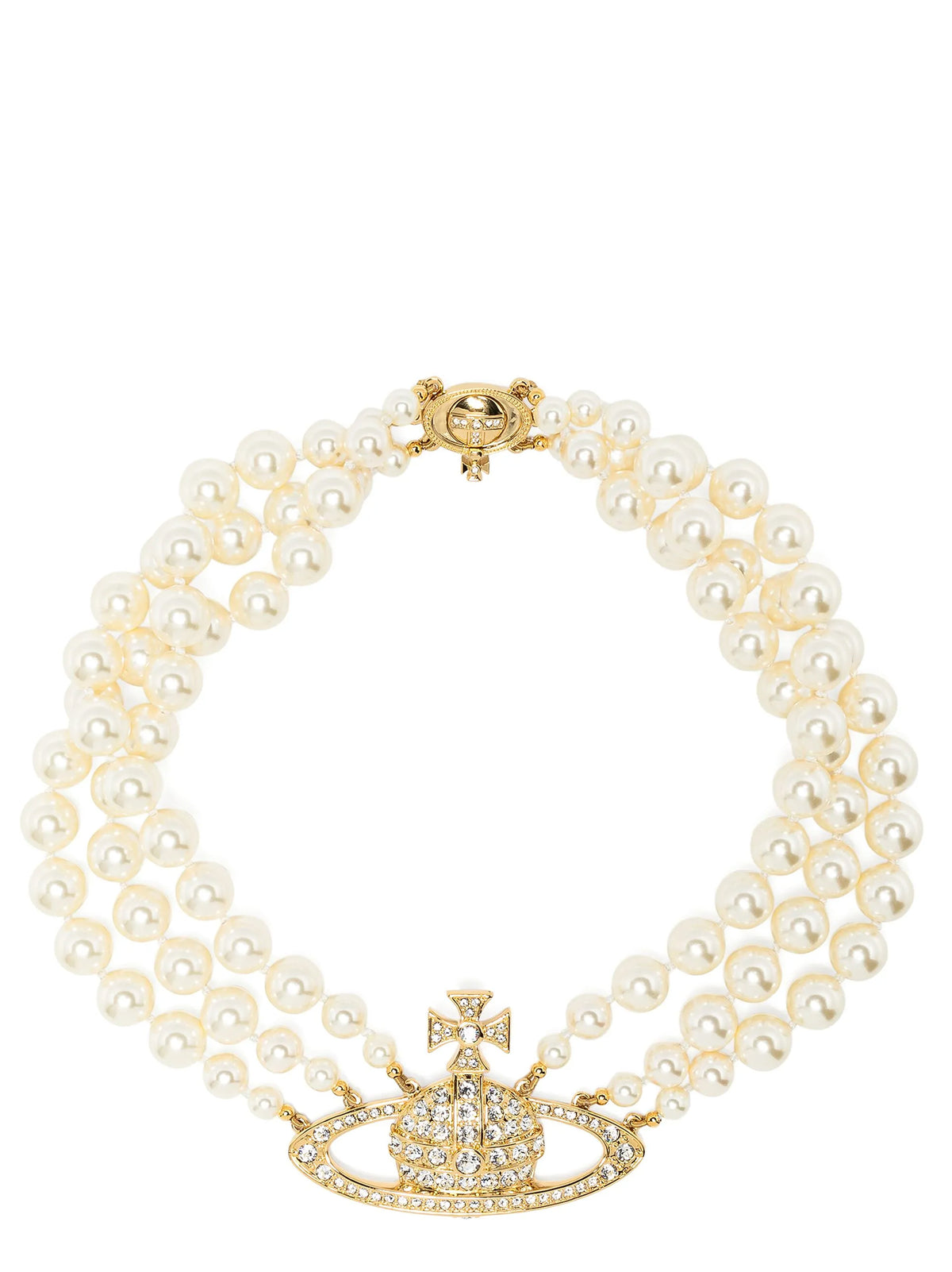 Vivienne Westwood Three Row Pearl Bas Relief Necklace in Gold