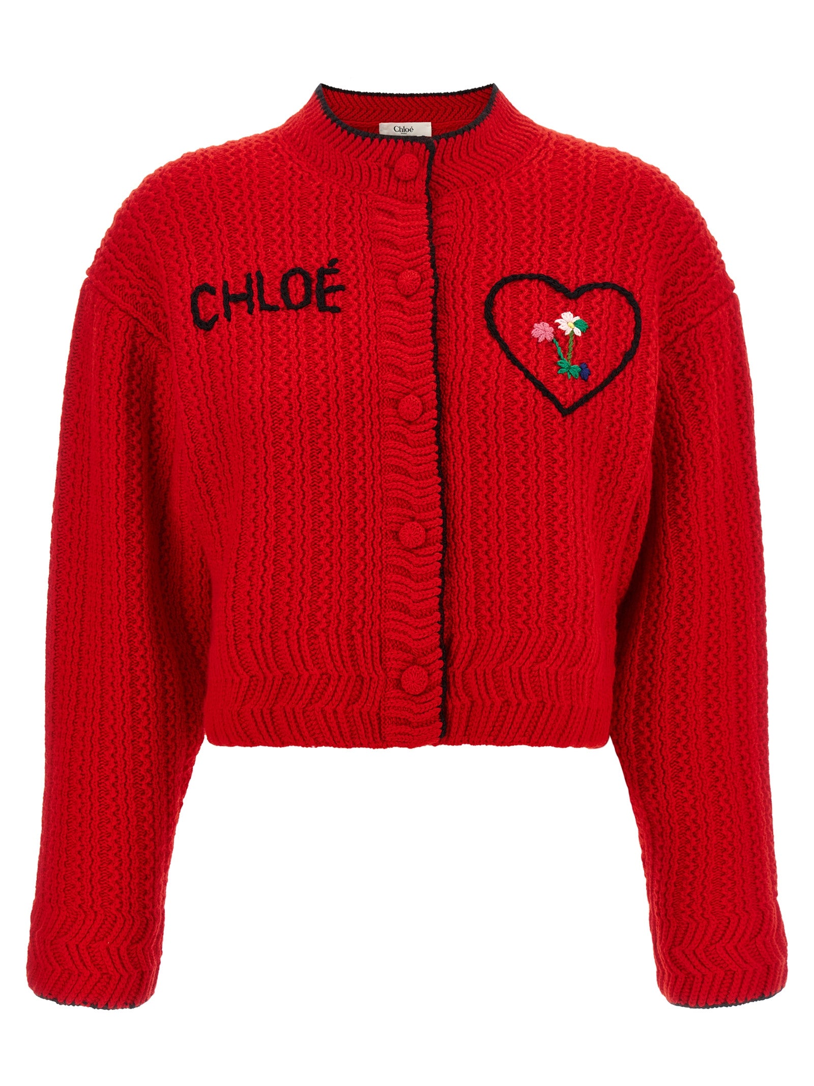Indulge in the Chloé Red Wool Cardigan, a luxurious blend of 70% wool and 30% cashmere, embodying sophistication and warmth for the discerning fashion connoisseur.