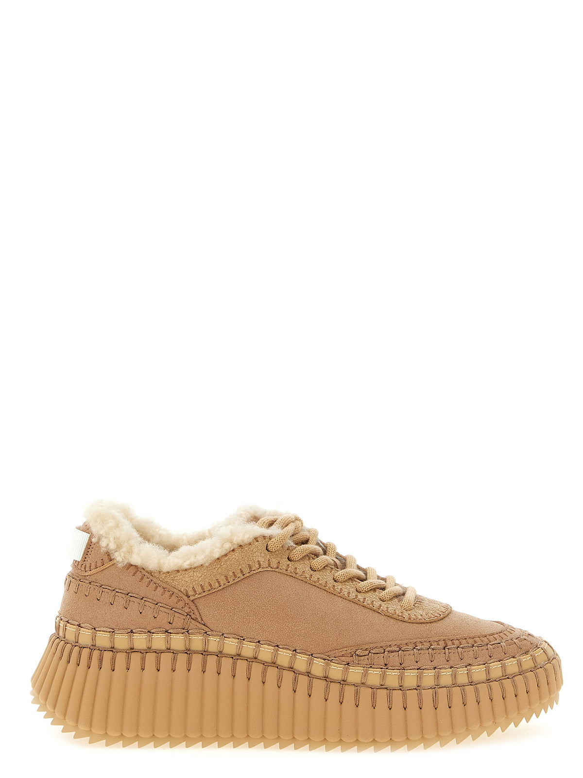 Step into a world of elegance with Chloé's Beige Lambskin Chunky Sneakers, where luxurious craftsmanship meets sustainable design, elevating your every stride.