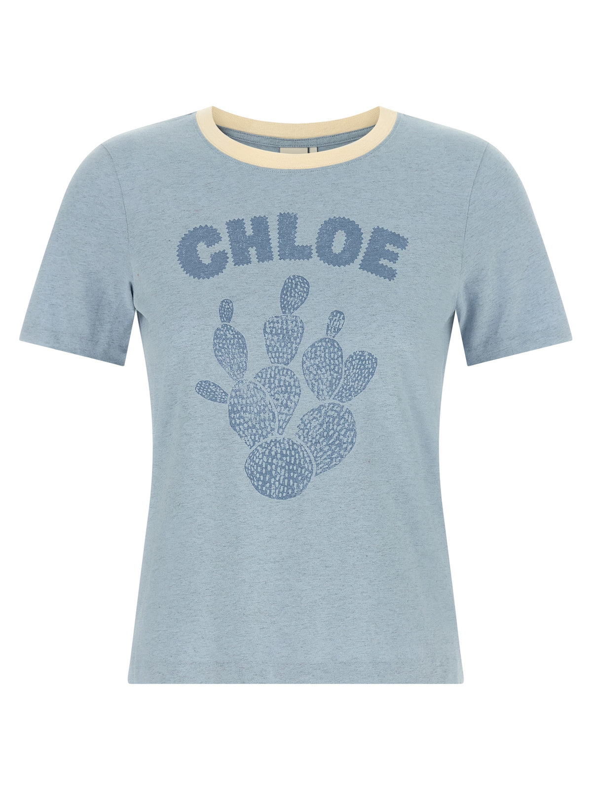 Elevate your wardrobe with the Chloé Blue Cotton T-Shirt, a blend of comfort and sophistication, featuring a bold logo and unique cactus motif for a chic, modern allure.