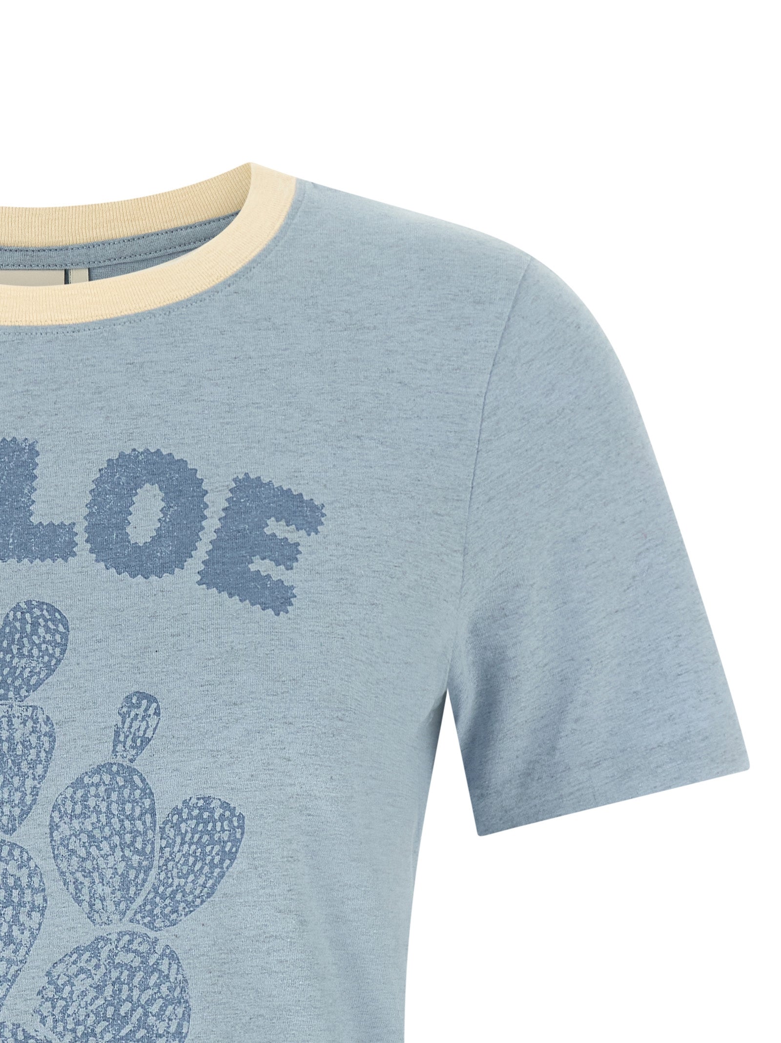 Elevate your wardrobe with Chloé's Blue Cotton T-Shirt, a blend of comfort and sophistication, featuring a bold logo and unique cactus motif for the discerning individual.