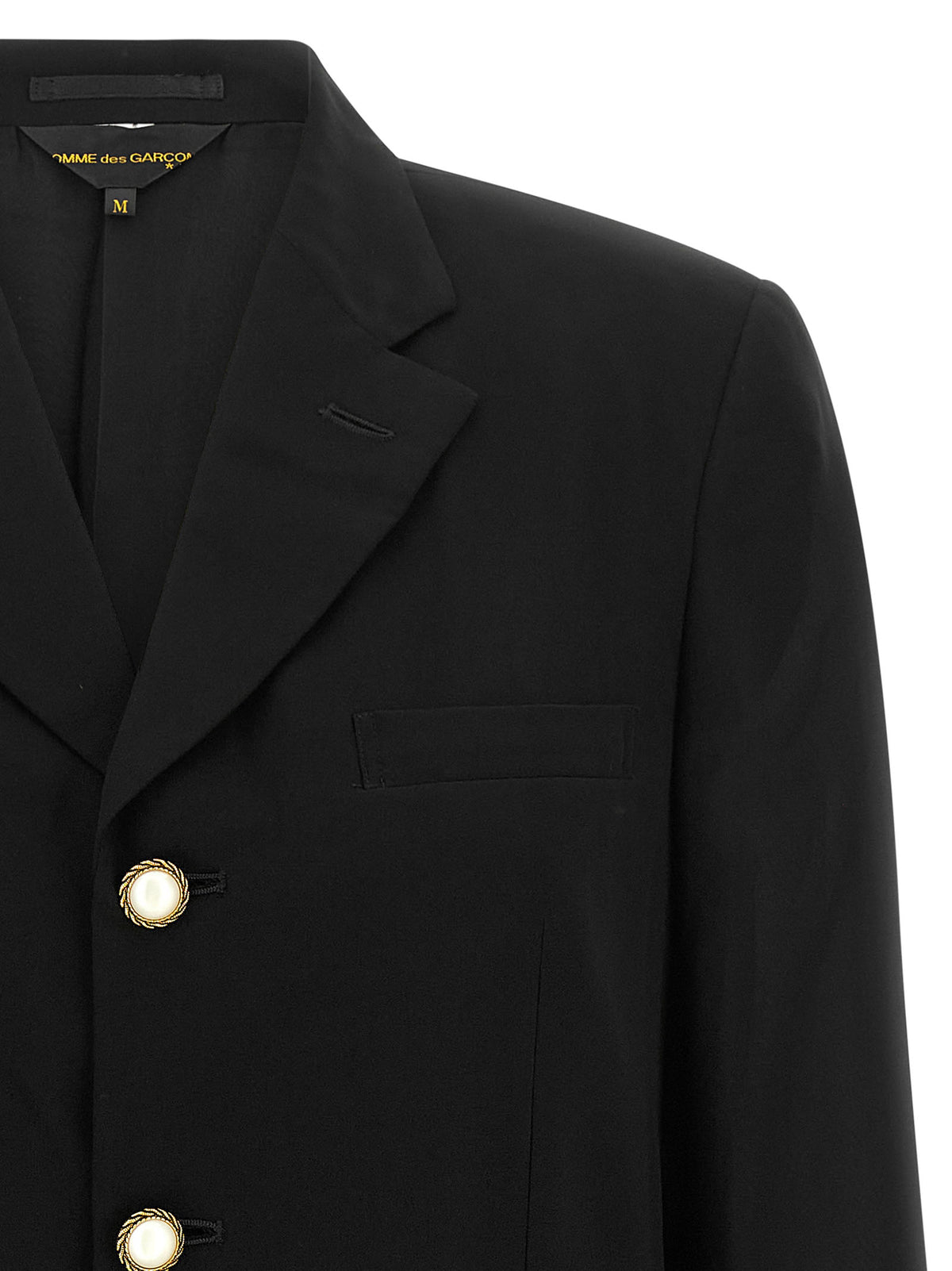 Experience the allure of the COMME DES GARÇONS Black Polyester Blazer, where exquisite craftsmanship meets contemporary elegance, perfect for the discerning wardrobe.