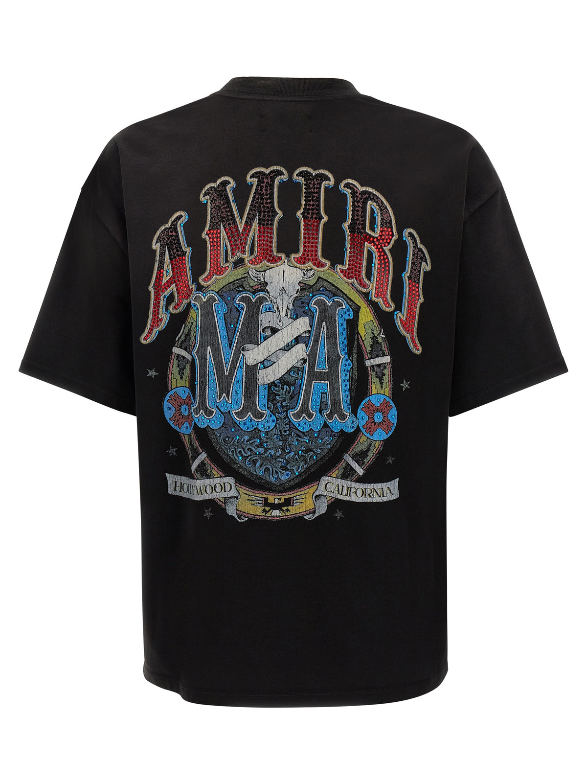 Discover the Amiri Black Cotton T-Shirt, a luxurious embodiment of streetwear elegance, featuring exquisite craftsmanship and striking crystal embellishments for a bold statement.
